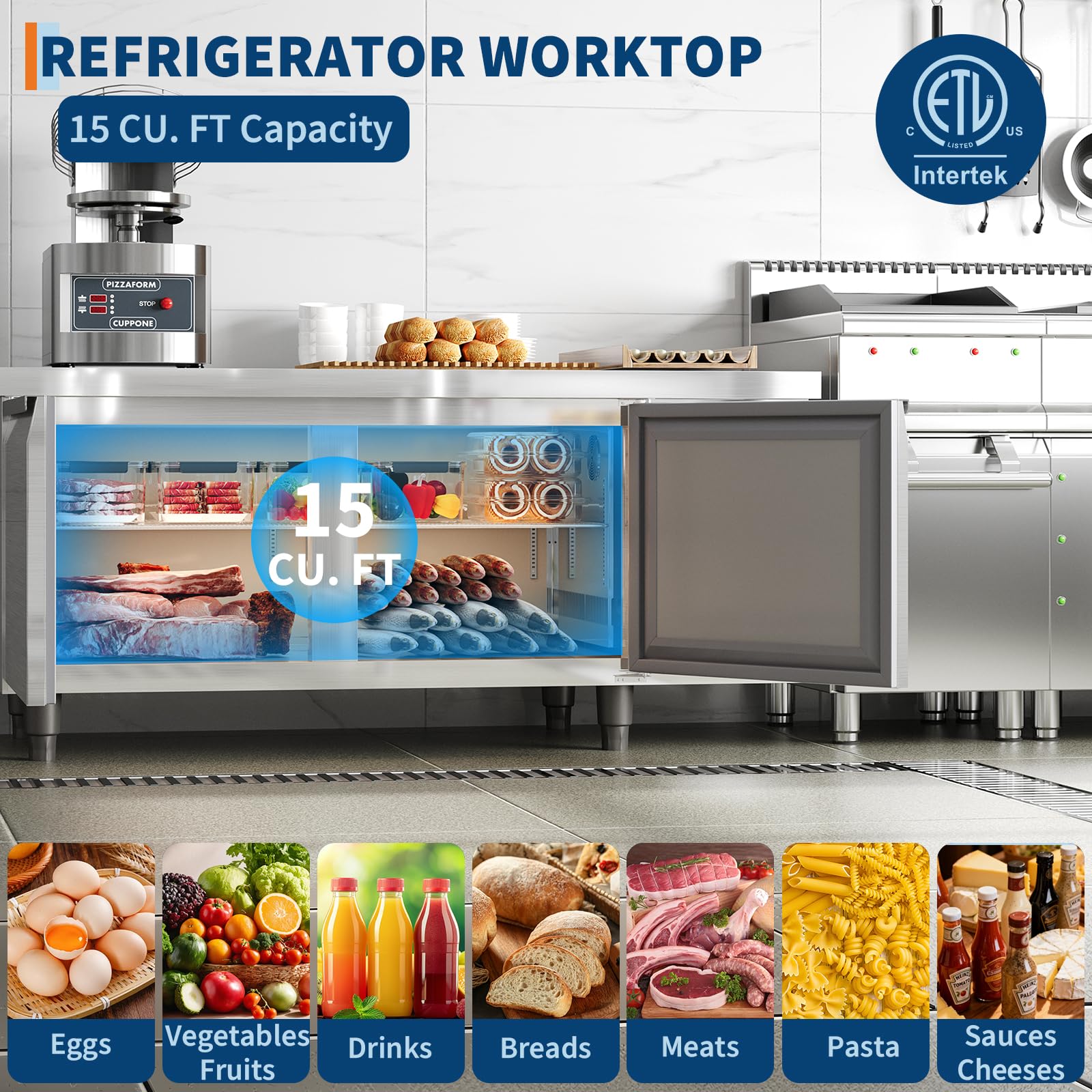 Peacefulhues 60-Inch 15 Cu.Ft Commercial Worktop Undercounter Refrigerator – Double Door Stainless Steel Food Prep Station For Restaurant/Bar/Café on Fridge.com - View 5