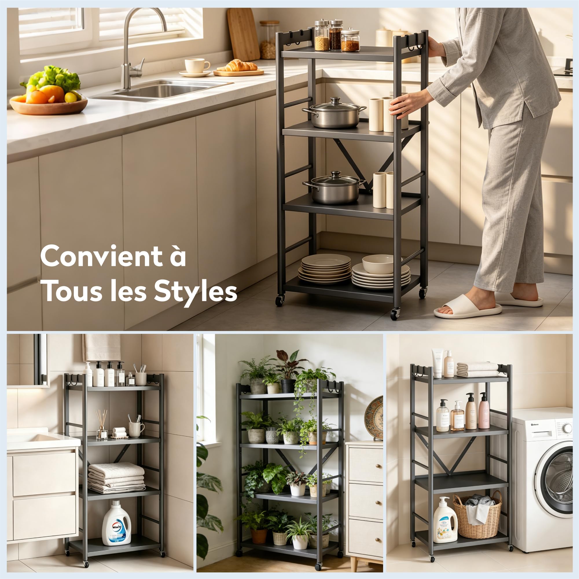 doporro Étagère de Rangement Cuisine 4 Niveaux avec 4 Crochets Desserte