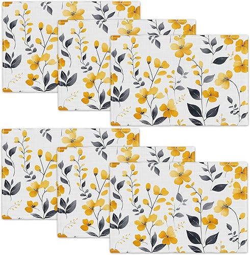 Miniatura 1 de Juego de 6 manteles individuales de flores amarillas de granja, manteles individuales rústicos florales, manteles individuales de primavera lavables