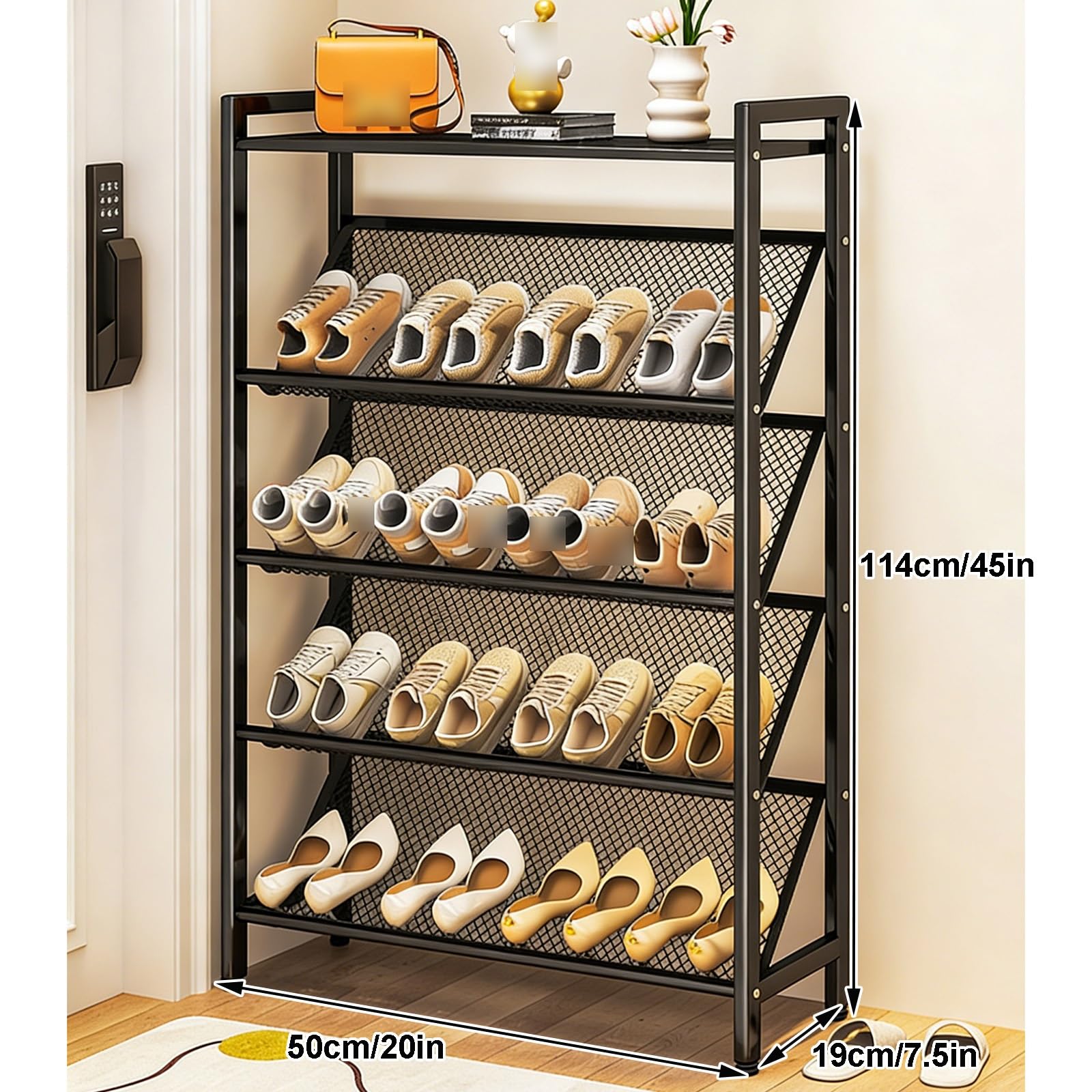 Zajmujący mało miejsca metalowy stojak na buty z nachylonymi półkami siatkowymi przy wejściu czarny (50 x 19 x 114 cm) – idealny do małych przestrzeni stylowe rozwiązanie do przechowywania