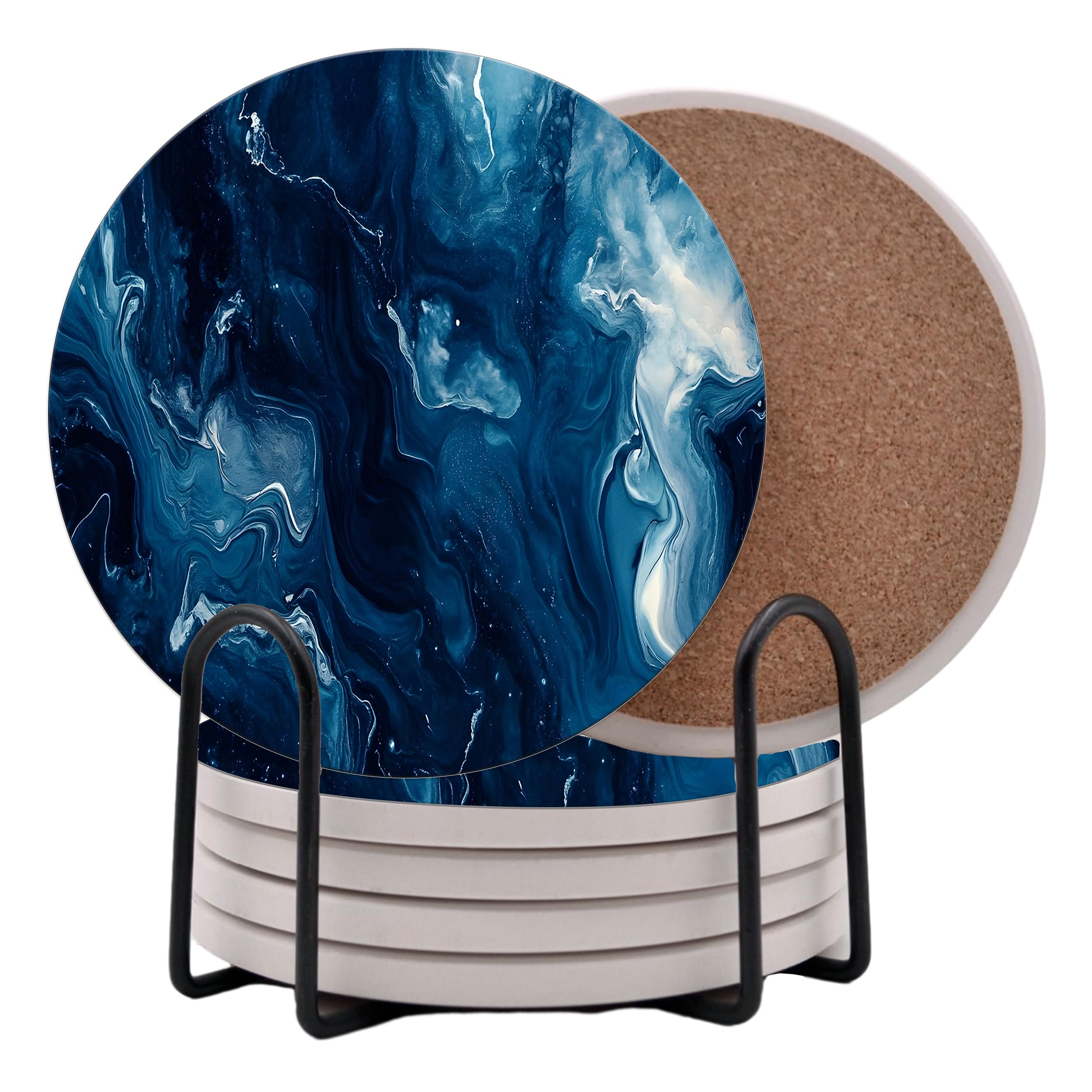 Blue Agate Marble Round Coasters Set of 6 - Abosrbent Ceramic Coasters with Metal Stand for Drinks, Coffee, Non-Slip Cork Back for Tabletop Protection