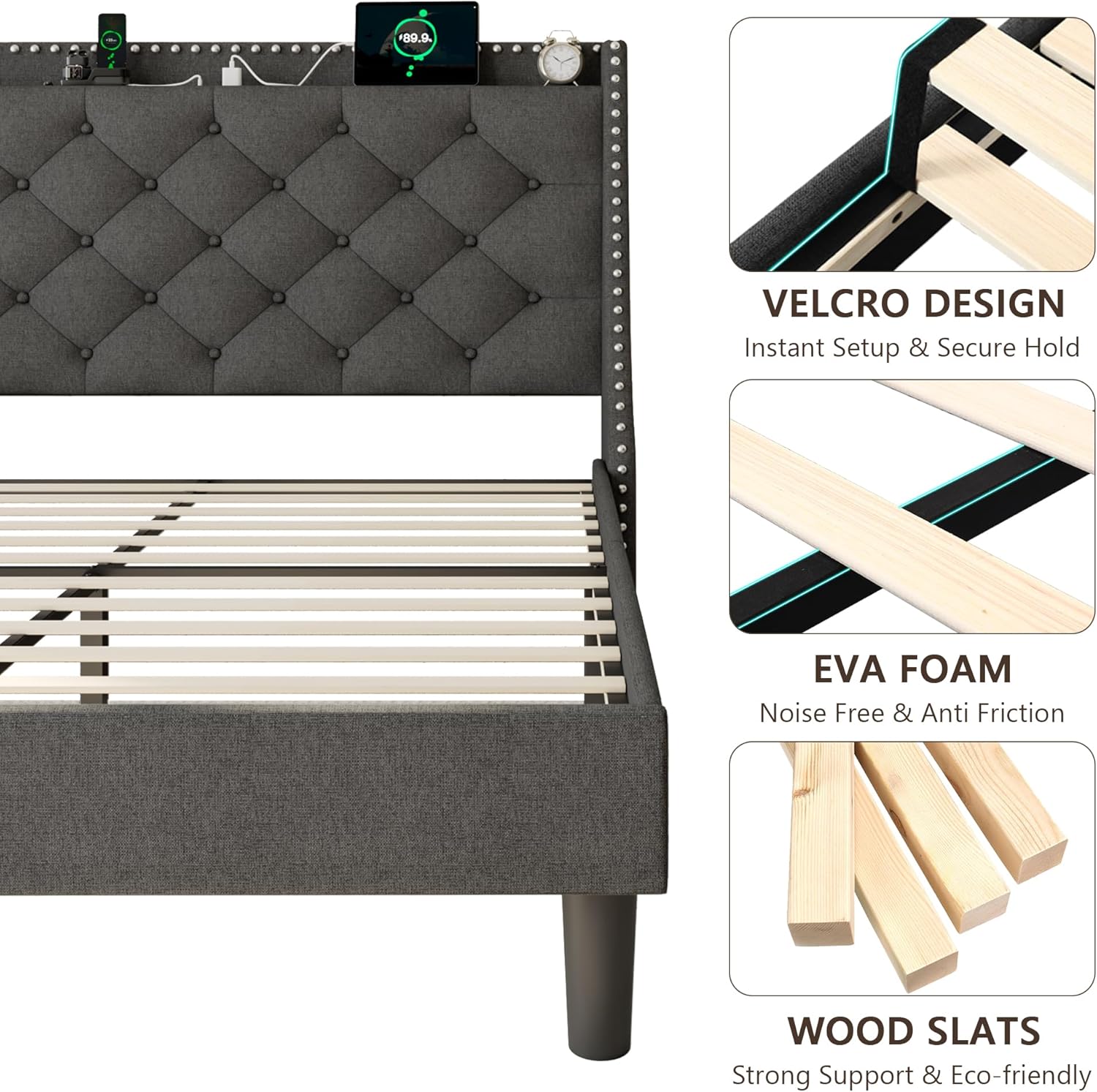 GalnFu King Bed Frame with 16" Wingback Button Tufted Storage Headboard, Upholstered Platform Bed with Charging Station, Sturdy Wood Slats Support, No Box Spring Needed, Easy Assembly, Dark Grey