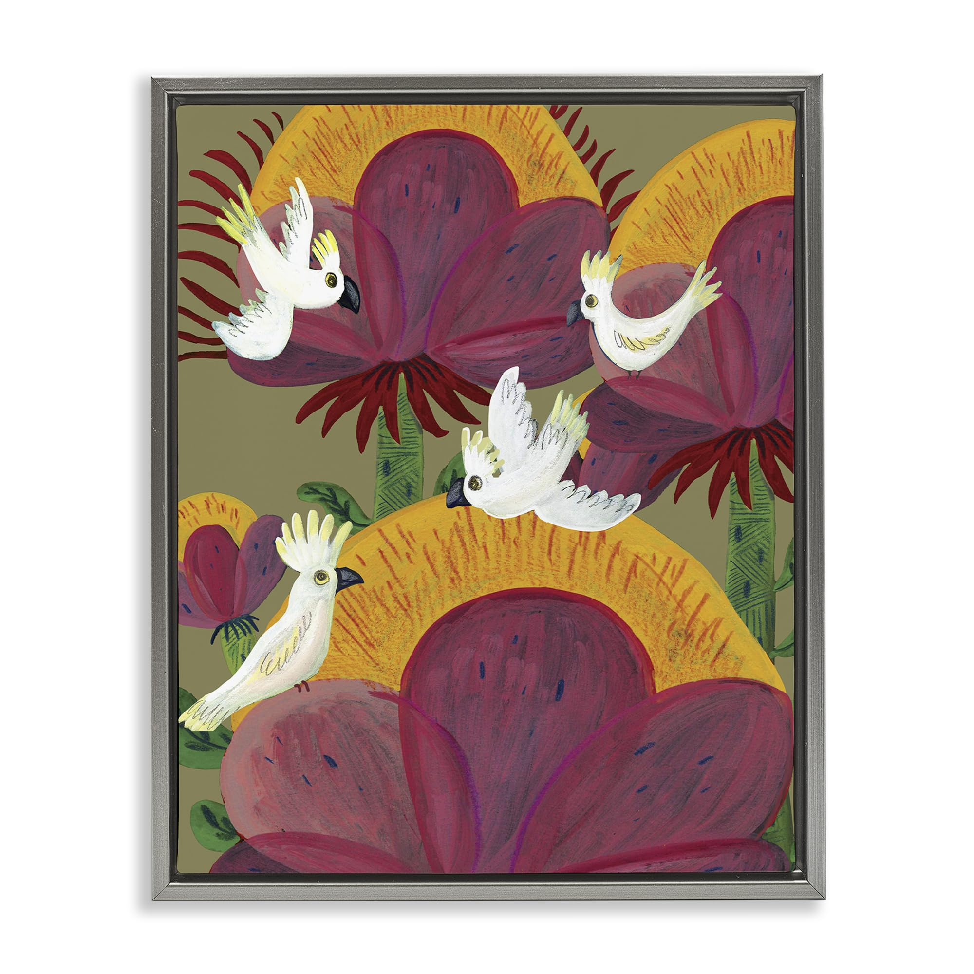 Stupell Industries Vibrant Tropical Cockatoos Floral 'Tropical Cockatoos & Plants', Floating Frame Canvas Art, Gray, 25 X 31 Inches, Easy To Hang And Sturdy, Made In Usa, By Kay Widdowson