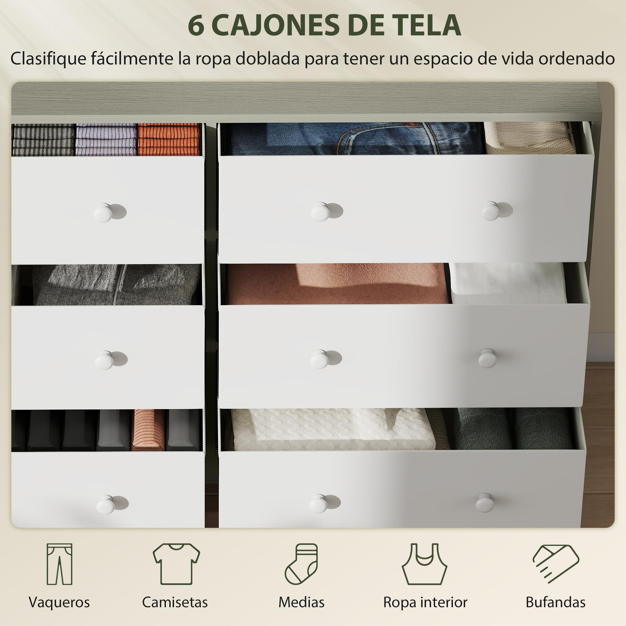 HOMCOM Cómoda con 6 Cajones de Tela, Cómoda para Dormitorio, Marco de Acero y MDF, Cajonera para Salón, Oficina, Vestidor, Blanco y Gris