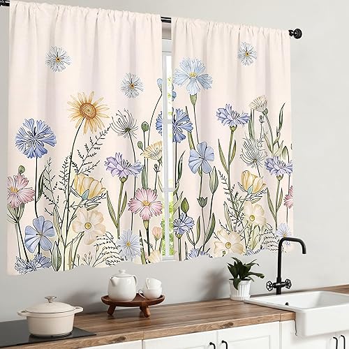 Miniatura 3 de Cortinas de cocina florales azules de 27.5 pulgadas de ancho x 39 pulgadas de largo, 2 paneles con bolsillo para barra, flores silvestres, estilo 03