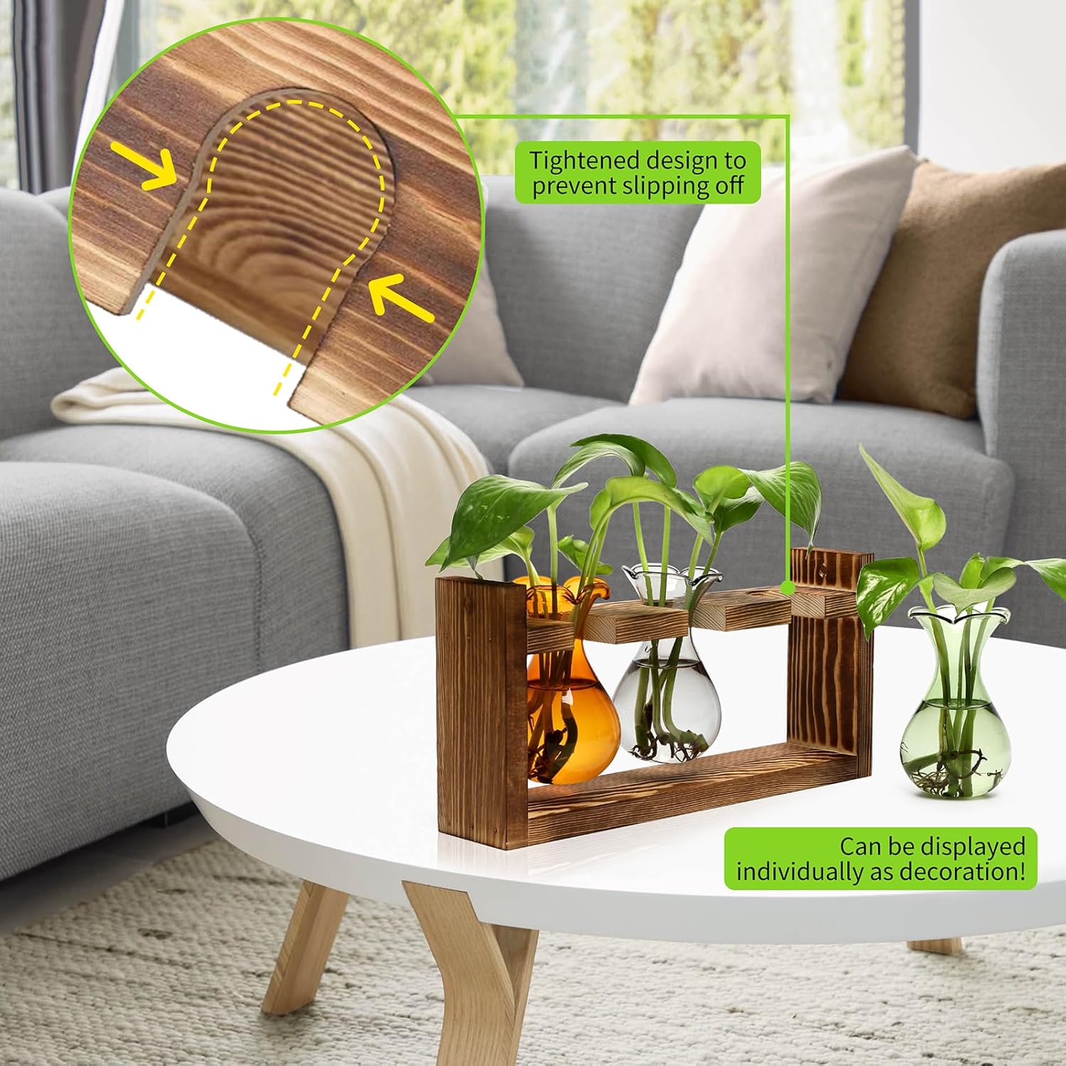Plant Propagation Station Plant Terrarium Unique Birthday Gifts for Women Home Office Decor Planter with Wooden Stand - 3 Bulb Glass Vase - Image 5