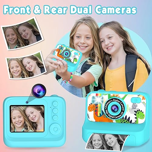 Miniatura 3 de Cámara para niños, impresión instantánea de cámara para niños, cámara digital para selfie dual frontal y trasera con videos de 1080P, juguete de