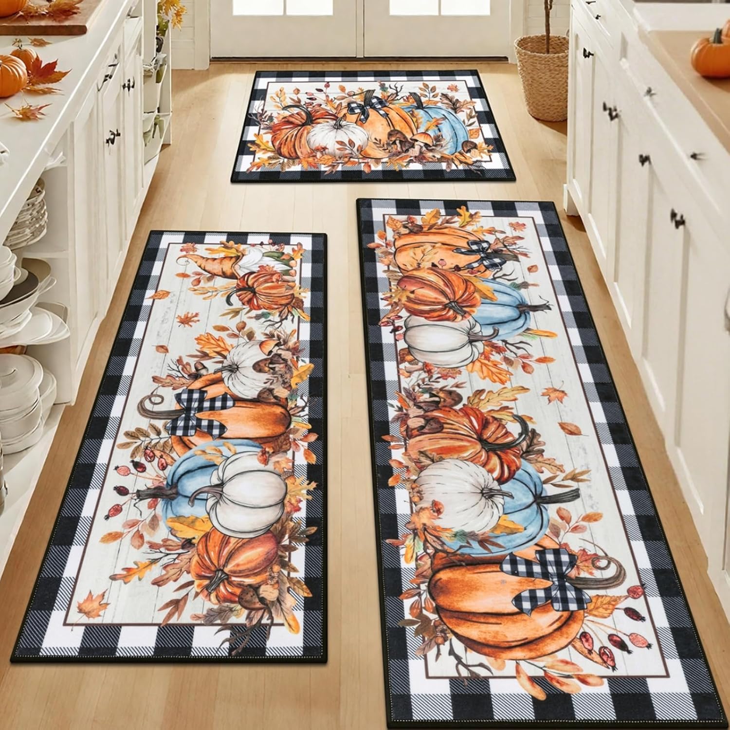 SHACOS Black and White Checkered Fall Pumpkins Kitchen Rug Sets of 3 Non Slip Washable Kitchen Mats for Floor Gnome Maple Leaves Orange White Blue Pumpkins Farmhouse Plaid Carpet for Hallway Entryway