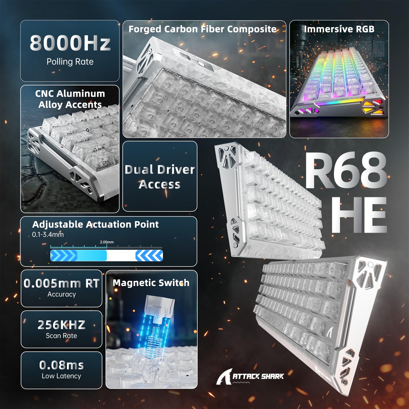 ATTACK SHARK R68 HE Klawiatura Magnetyczna 8000Hz, Rapid Trigger 0,005 mm, Kute Włókno Węglowe i Aluminium CNC, Snap Tap, Efekt Halla, 60% RGB Przewodowa, US QWERTY, Biały lód