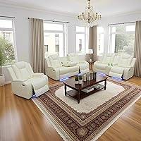 Vista 5 de Juego de sofá reclinable eléctrico para sala de estar, sofás reclinables de cuero blanco crema con puerto USB, sofá de cuero con sillón reclinable