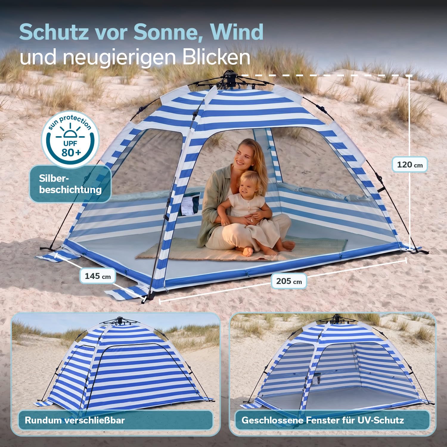 Skandika Strandmuschel Skugga Quick-Start | Strandzelt, UV-Schutz 80+, rundum verschließbar, Windschutz, Sonnenschutz, Sichtschutz, Quick-Up, Sandheringe | Strand Zelt groß für Familie, Kinder