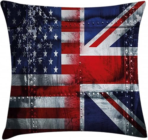 Ambesonne Union Jack - Funda de cojín, diseño de Grunge, con temática industrial de banderas del Reino Unido y Estados Unidos, estampado vintage,