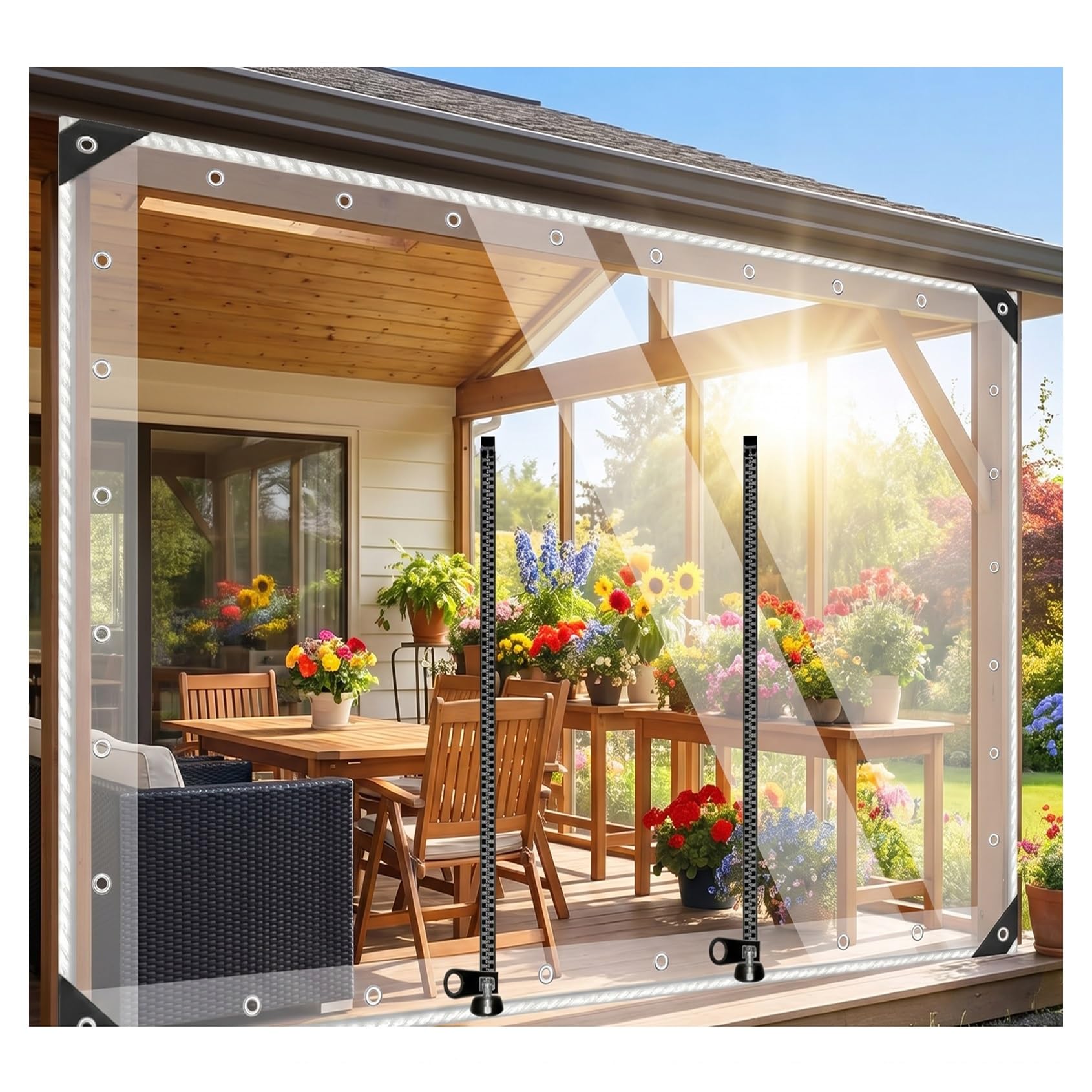 Weatherproof pvc tarpaulin with zipper，clear tarps heavy duty waterproof，clear tarp with grommets，clear vinyl tarp，enclosure for outdoor patio，awning tarpaulin(H2.3xW4.5m/H7.5xW14.7ft)