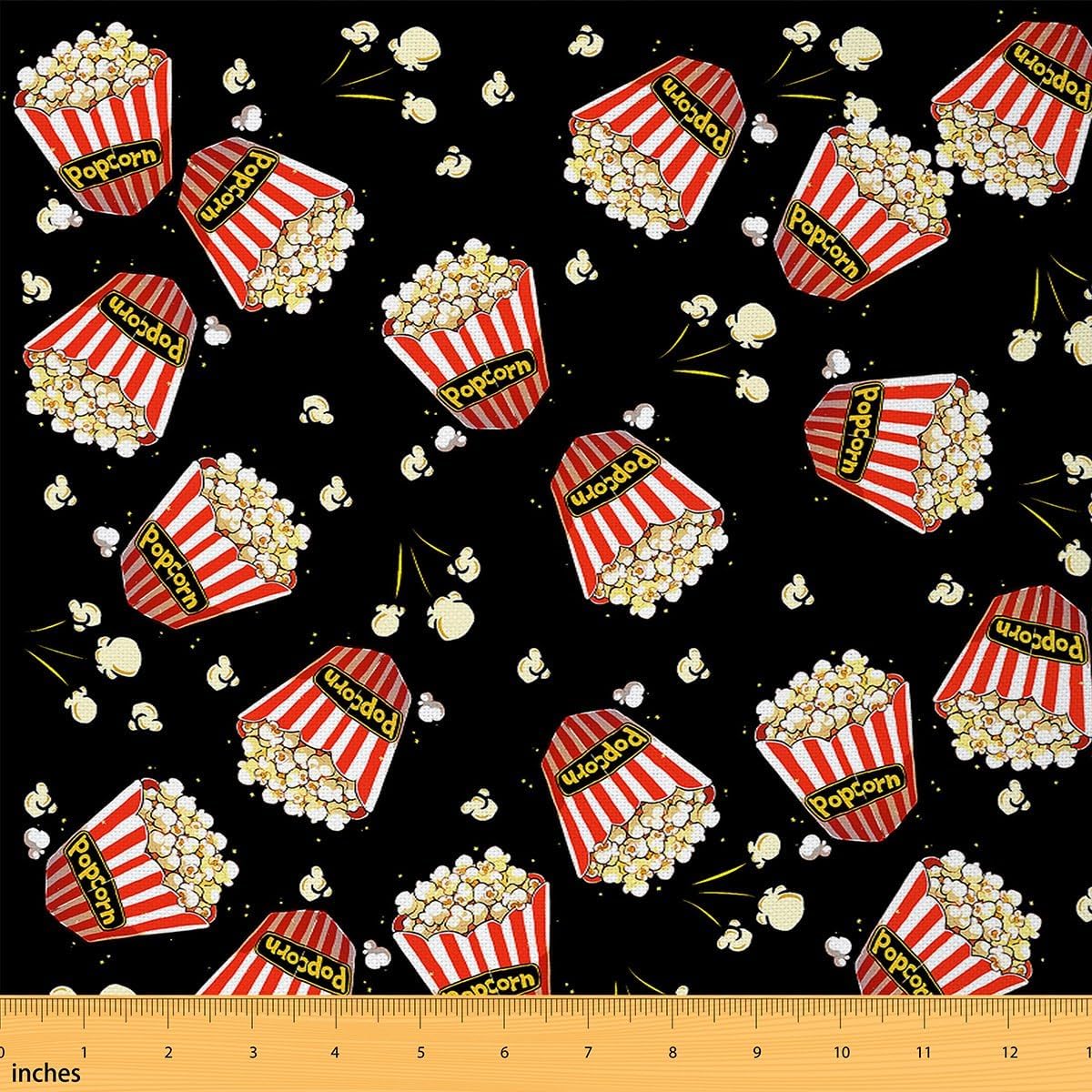Popcorn Upholstery Fabric by The Yard, Cinema Poster Design Reupholstery Fabric for Chairs, Movie Popcorn Theater Room Decorative Fabric for Outdoor and Home DIY Projects, 3 Yards, Red Black