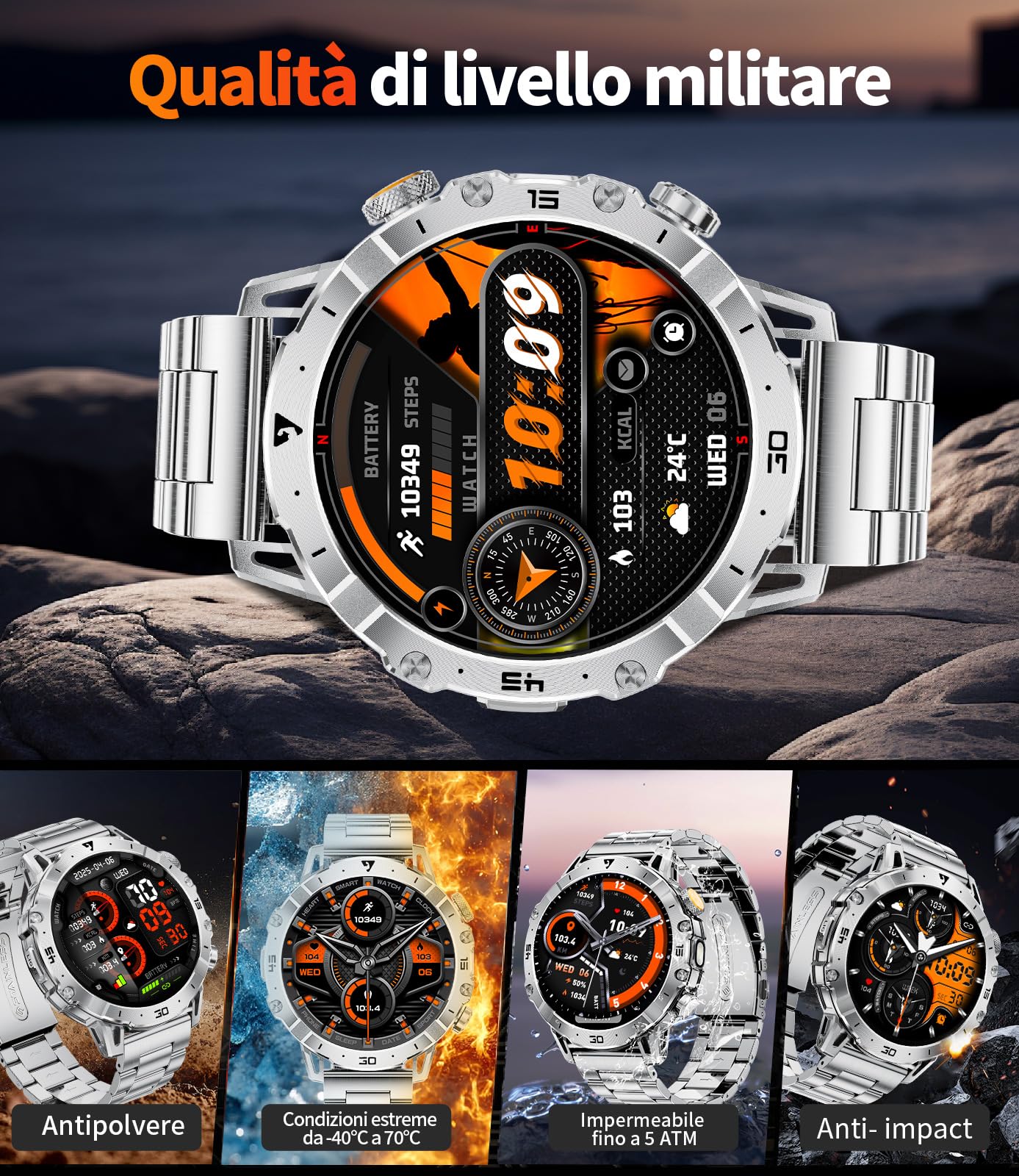 LIGE Smartwatch Uomo con 1000mAh/Torcia LED,Chiamata Bluetooth,1.7" Smart Watch Militare con 110+ Modalità Sportive,Impermeabile,Frequenza Cardiaca, Android iOS,3 Braccialetti+2 Caricabatterie,EF18-B