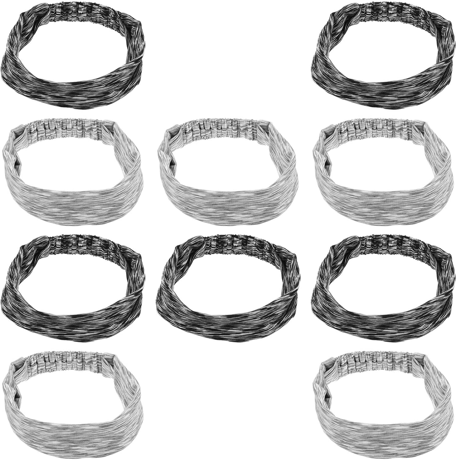 10pcs Non-Slip Wide Stretchy Sports Headbands for Men and Women Sweat Absorbing Cycling Yoga Fitness Workout Hair Bands with Breathable Fabric, Black and Light Gray