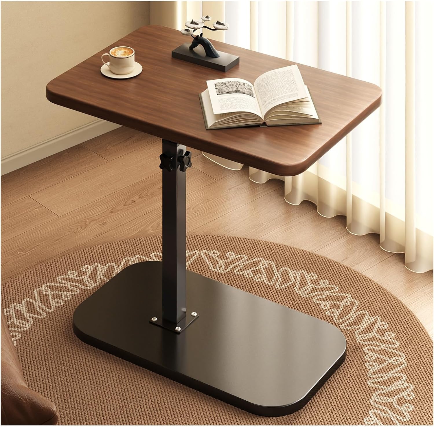 Portable Pedestal Side Table for Small Spaces, Height Adjustable Mini Coffee Table, Small Tray Drink Tables, Lightweight End Tables for Living Room, Bedroom, Sofa, Office(Black)