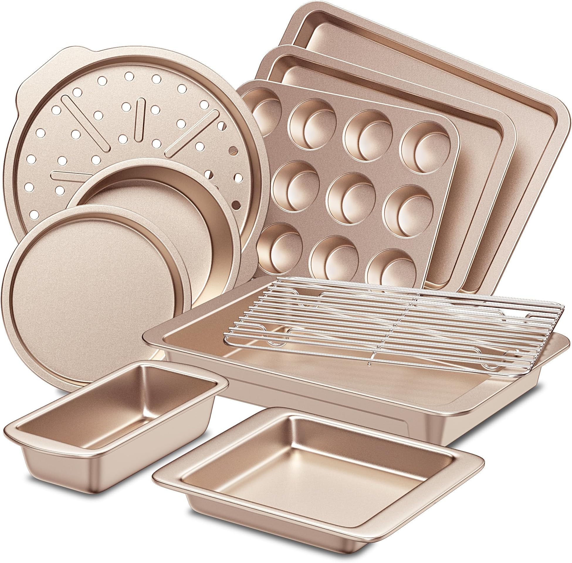 HONGBAKE Bakeware Sets, Baking Pans Set, Nonstick Oven Pan for Kitchen with Wider Grips, 10-Piece Including Rack, Cookie Sheet, Cake Pans, Loaf Pan, Muffin Pan, Pizza Pan - Champagne Gold