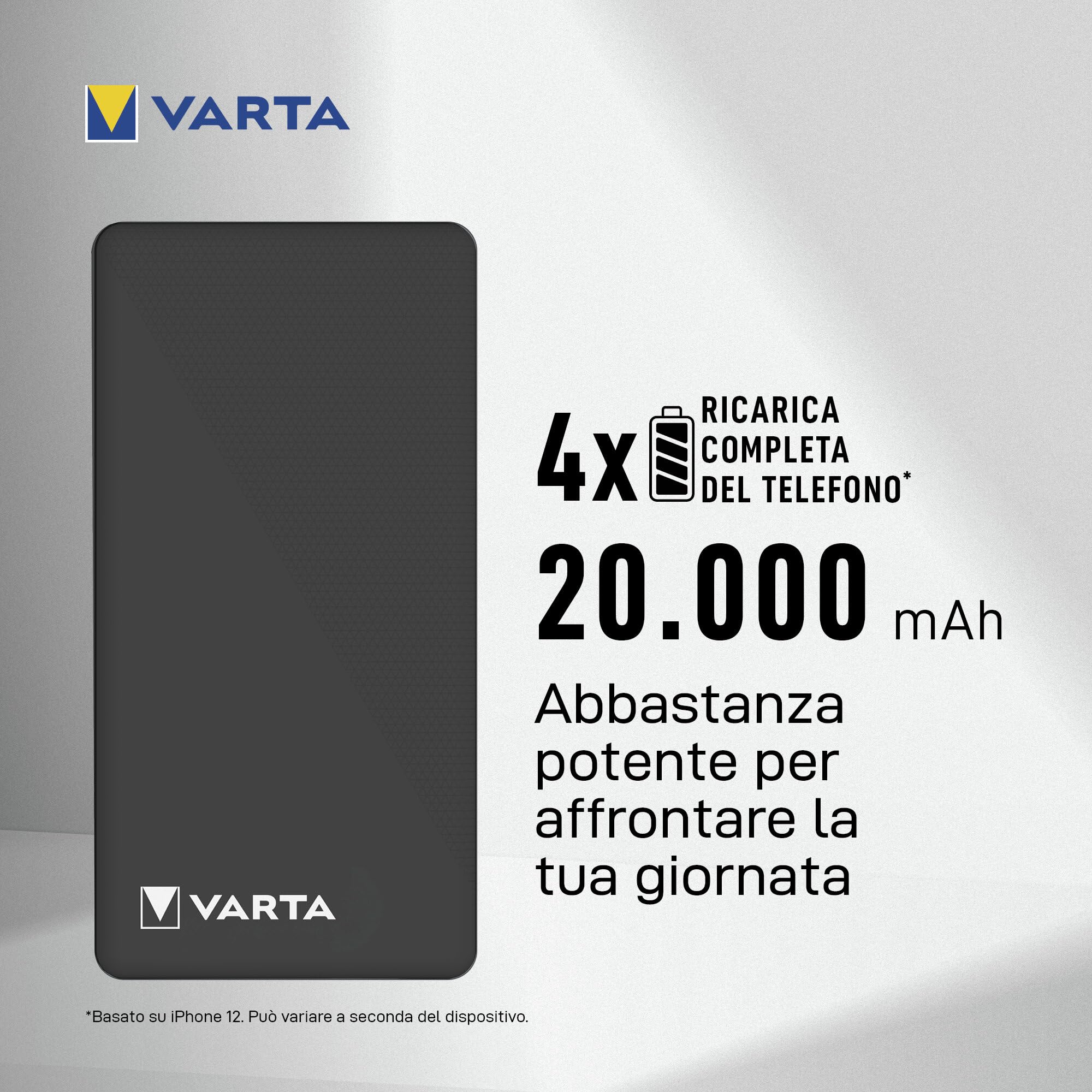 VARTA Power Bank 20000 mAh, Power on Demand, 1x USB A e 2x USB C