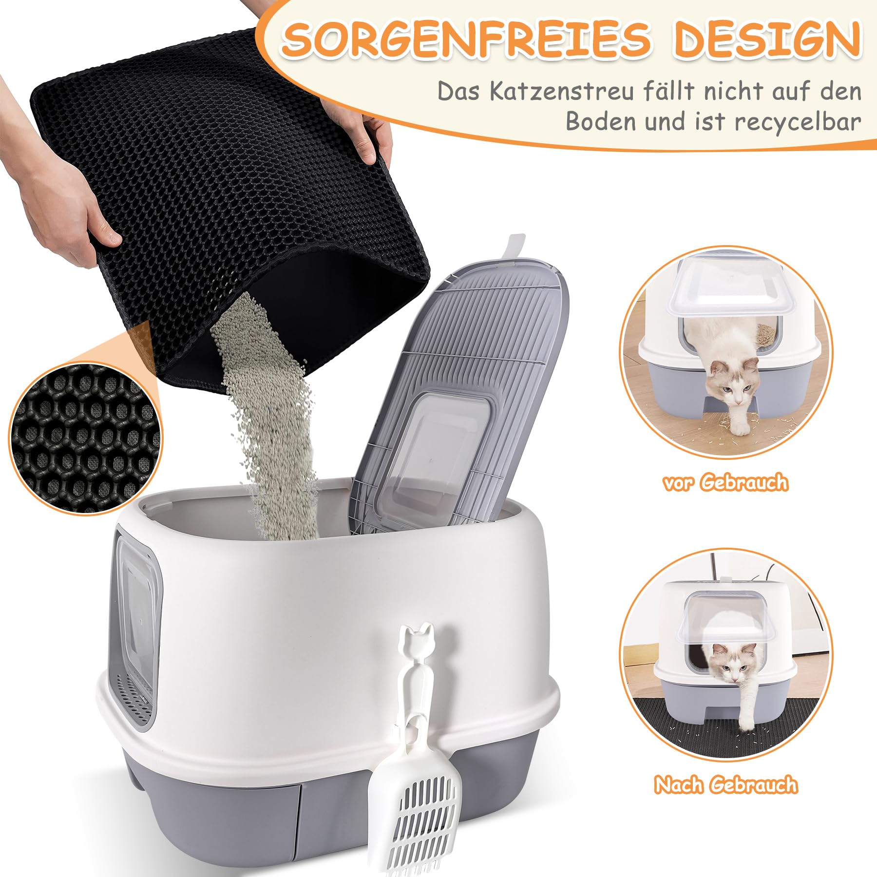 CALIYO Katzenklo mit Deckel – Anti-Geruch Katzentoilette Geschlossen hoher Rand, Katzenklo Groß XXL mit Schublade & Sieb für Große Katzen, Cat Litter Box (53×41×40 cm, Grau-Weiß)