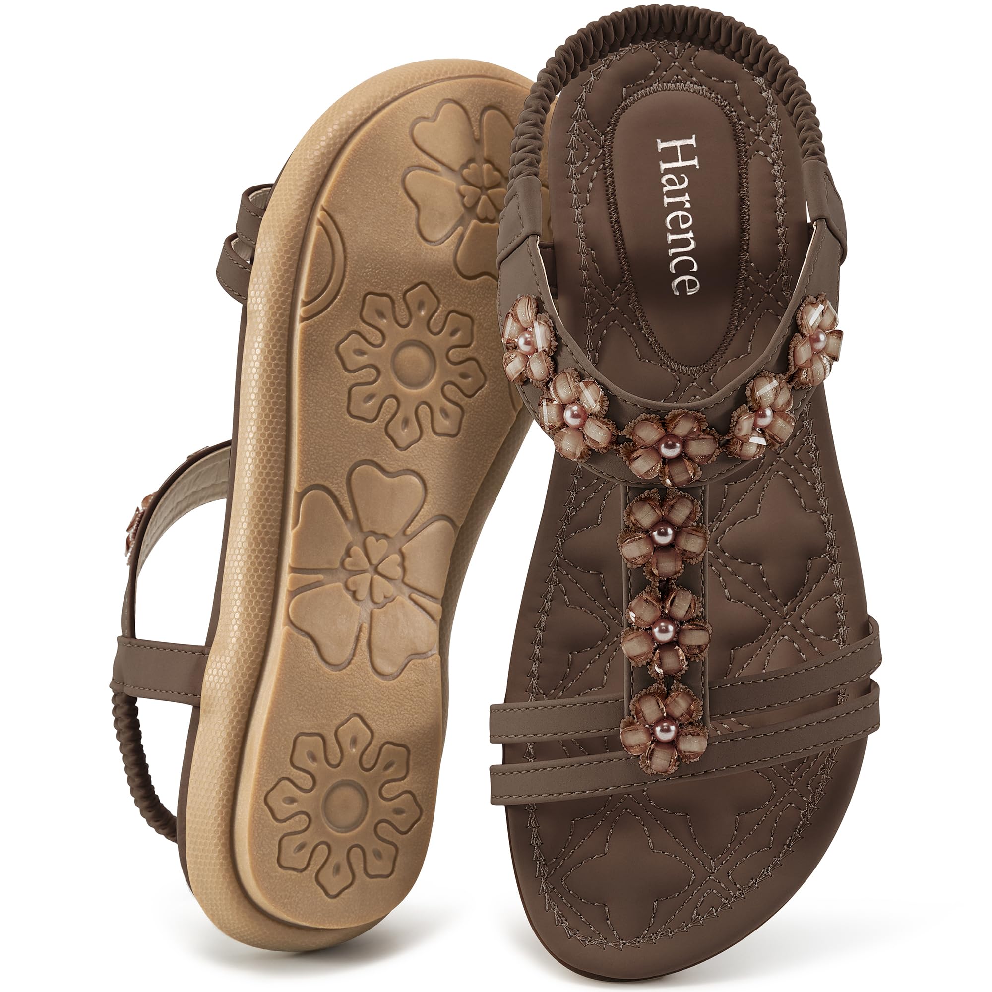 HARENCE Summer Flat Sandals for Women: Comfortable Bohemian Beaded Flats Shoes Elastic Ankle Strap Casual Walking Slip On Dress Sandal
