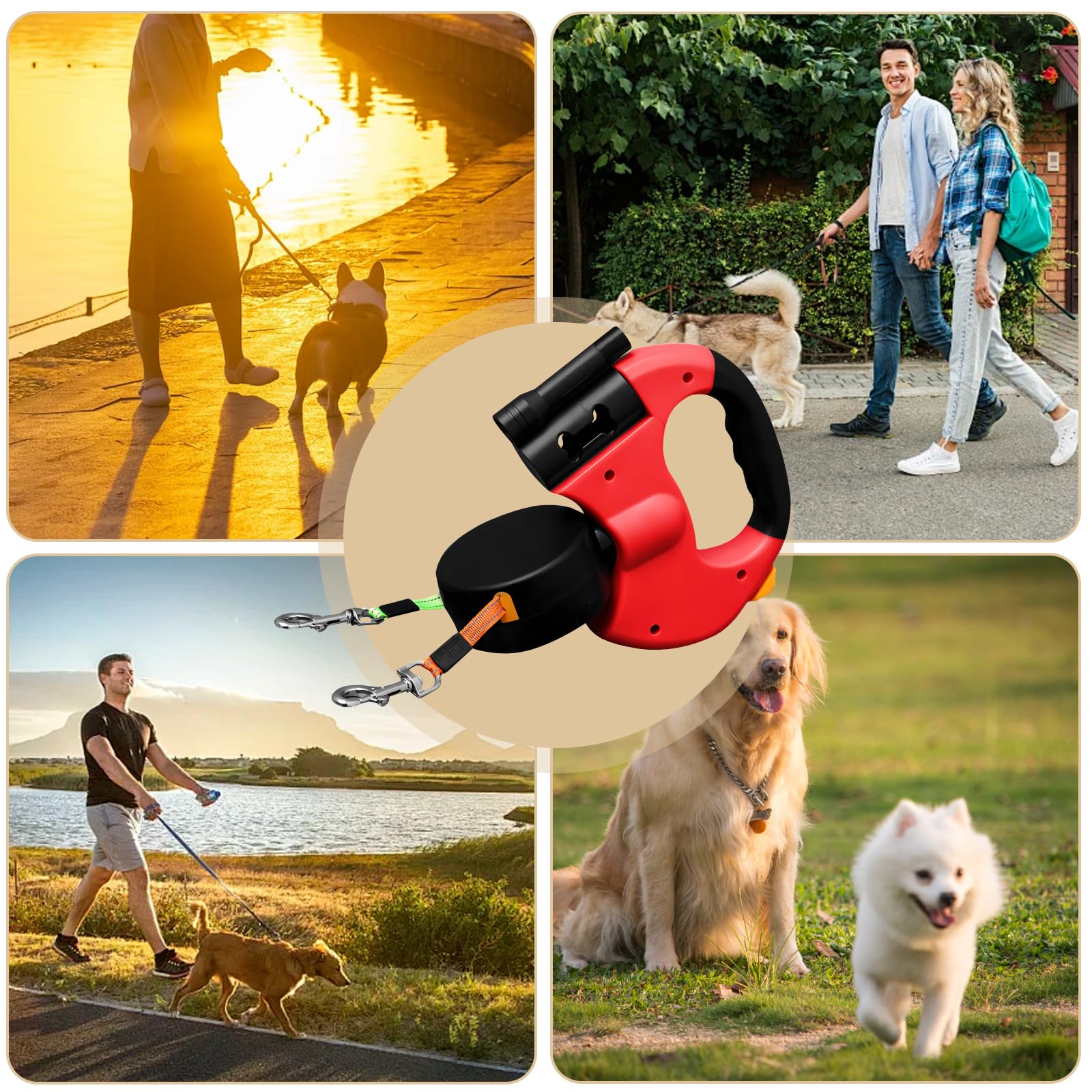 Laisse pour Chien, Laisse Chien Enrouleur, Double Laisse pour 2 Chiens, Enrouleur, Extensible, Rétractable, 3 Metres, 360º sans Enchevetrement, pour Moyens et Grands Chiens