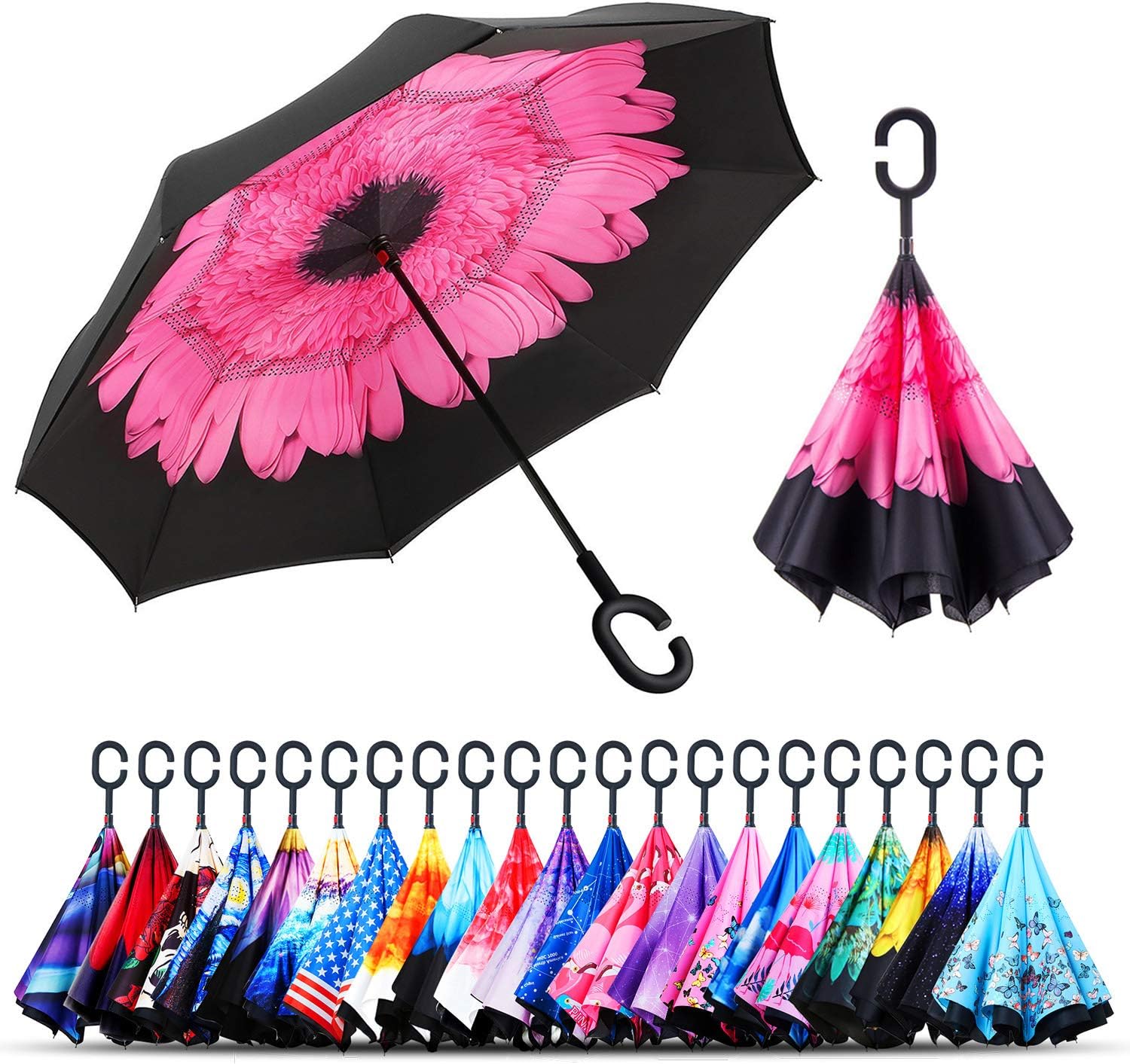 Windproof Double Layer Folding Inverted Umbrella, Self Stand Upside-down Rain Protection Car Reverse Umbrellas with C-shaped Handle