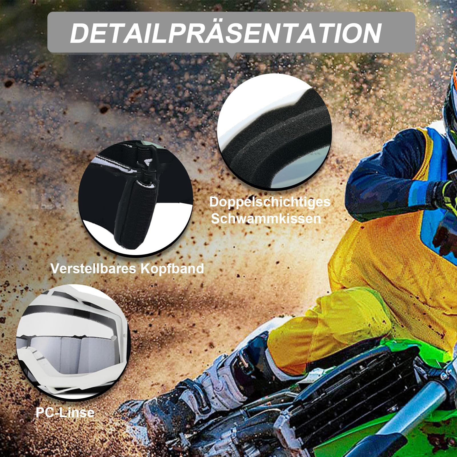 Motocross Brille UV-Schutz,Motorradbrille mit Flexiblem Rahmen,Schwammpolsterung,Fit Über Brille für Radfahren,Skifahren,Klettern