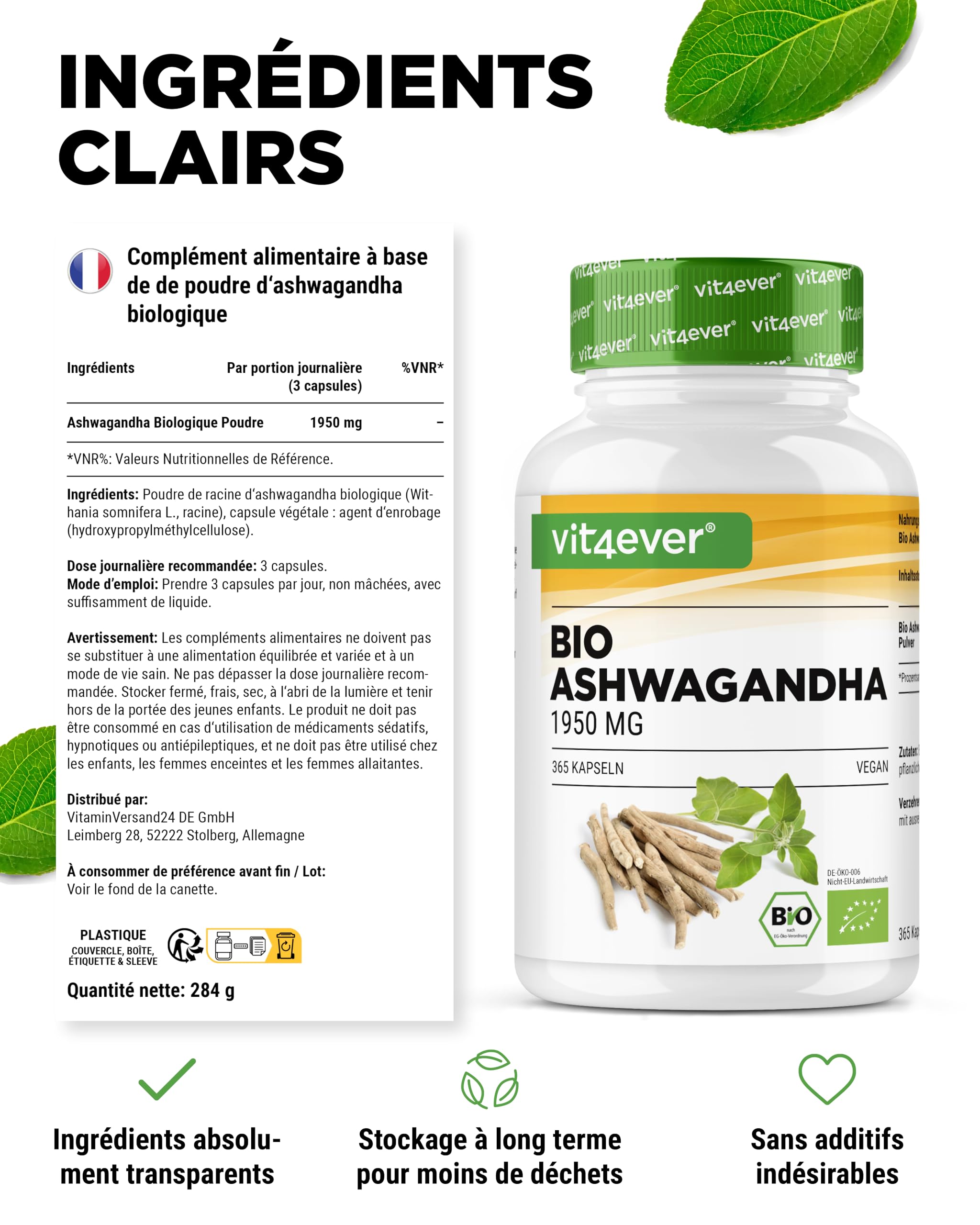 vit4ever Original Bio Ashwagandha - 365 gélules - Hautement dosé avec 1950mg par portion journalière - Véritable baie du sommeil indienne - Testé en laboratoire - Vegan