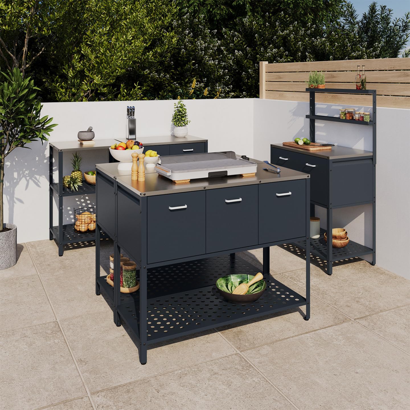 Meuble de Cuisine extérieure Pareo 3 Portes avec étagère en Acier Gris Anthracite