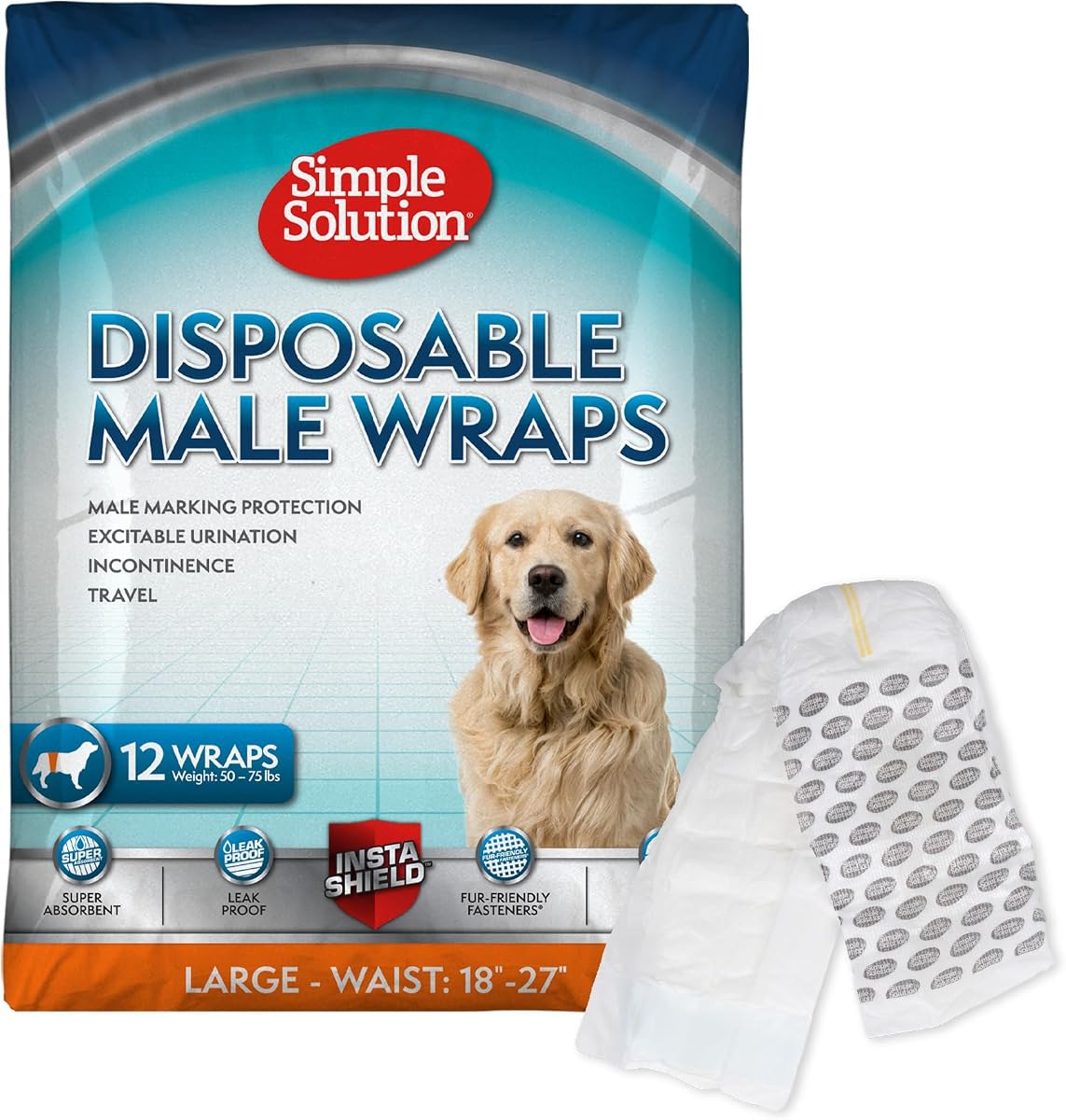 Simple Solution Male Dog Diapers, Disposable Belly Bands, L, 12 Count | Dog Belly Bands, Potty Training, Incontinence Support, Leak Proof, Disposable Wraps, Male Dog Wrap, 18"-27", Indoor Marking