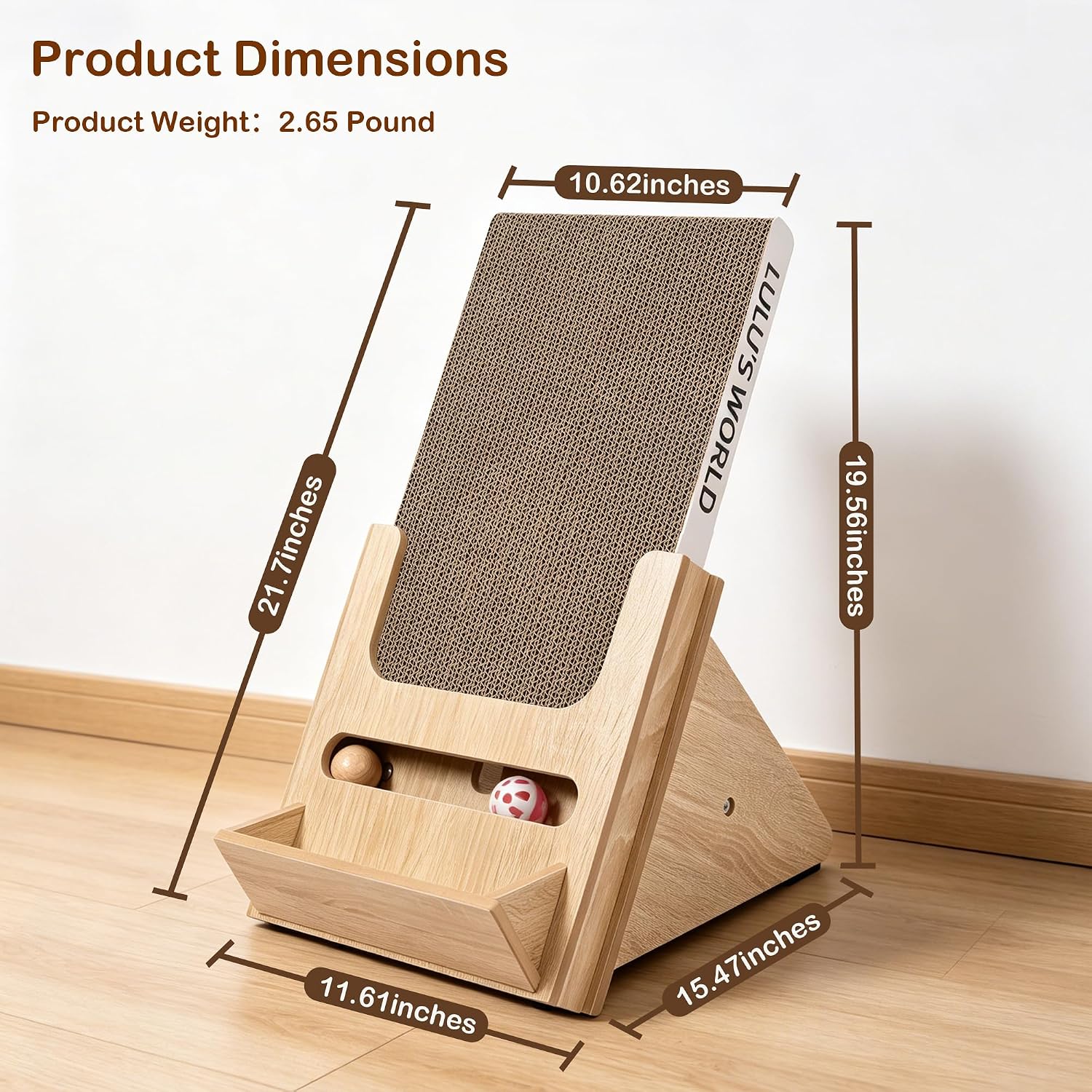 Lulu's World New Cardboard Cat Scratcher with Wooden Stand,Replaceable Pad | Freestanding vertical,ball toy,easy to clean,natural materials,protecting furniture,kitten scratching posts,long-term use