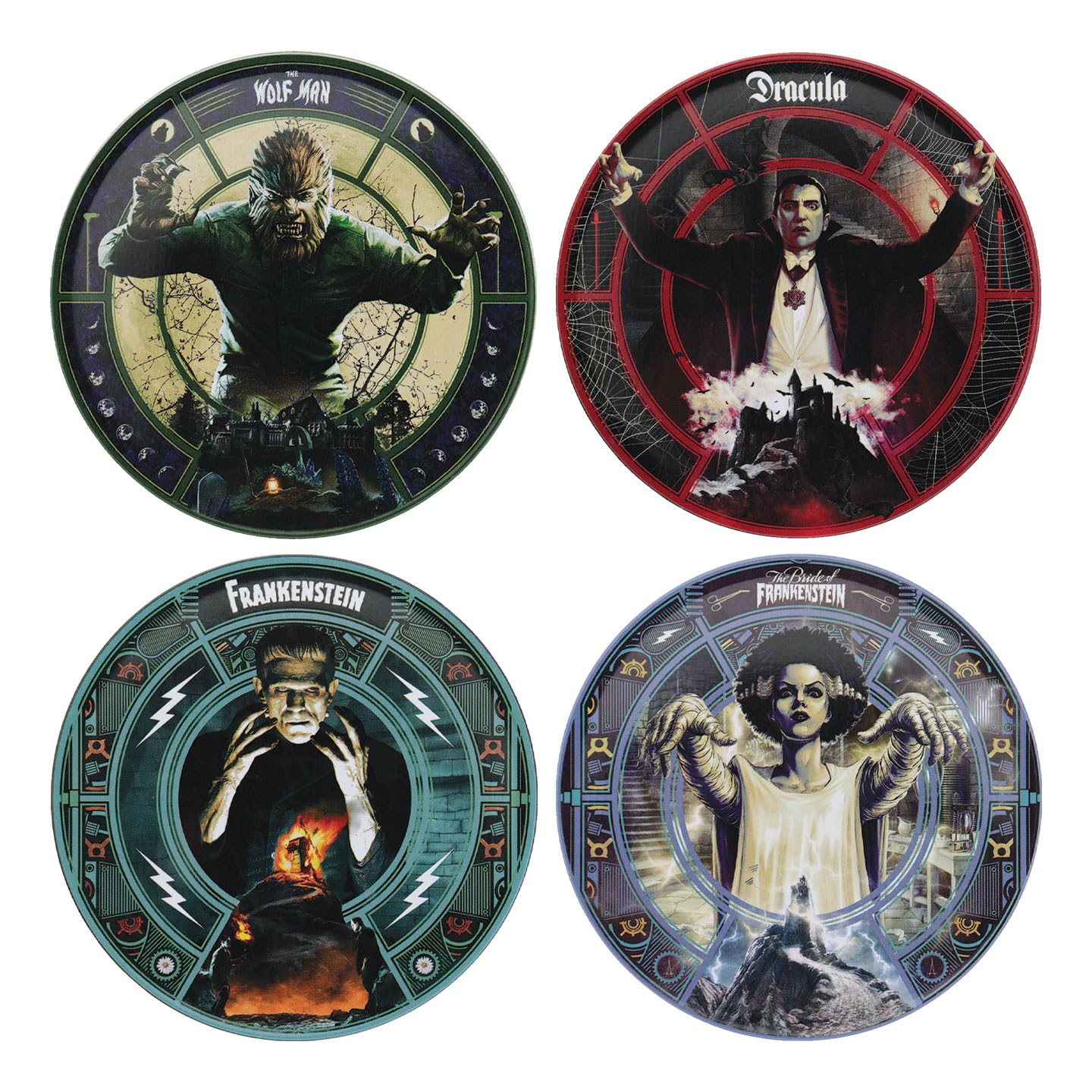 Universal Monsters Coaster Set — Official 4‑Piece Metal Coaster Collection Featuring Dracula, Wolf Man, Frankenstein’s Monster & The Bride