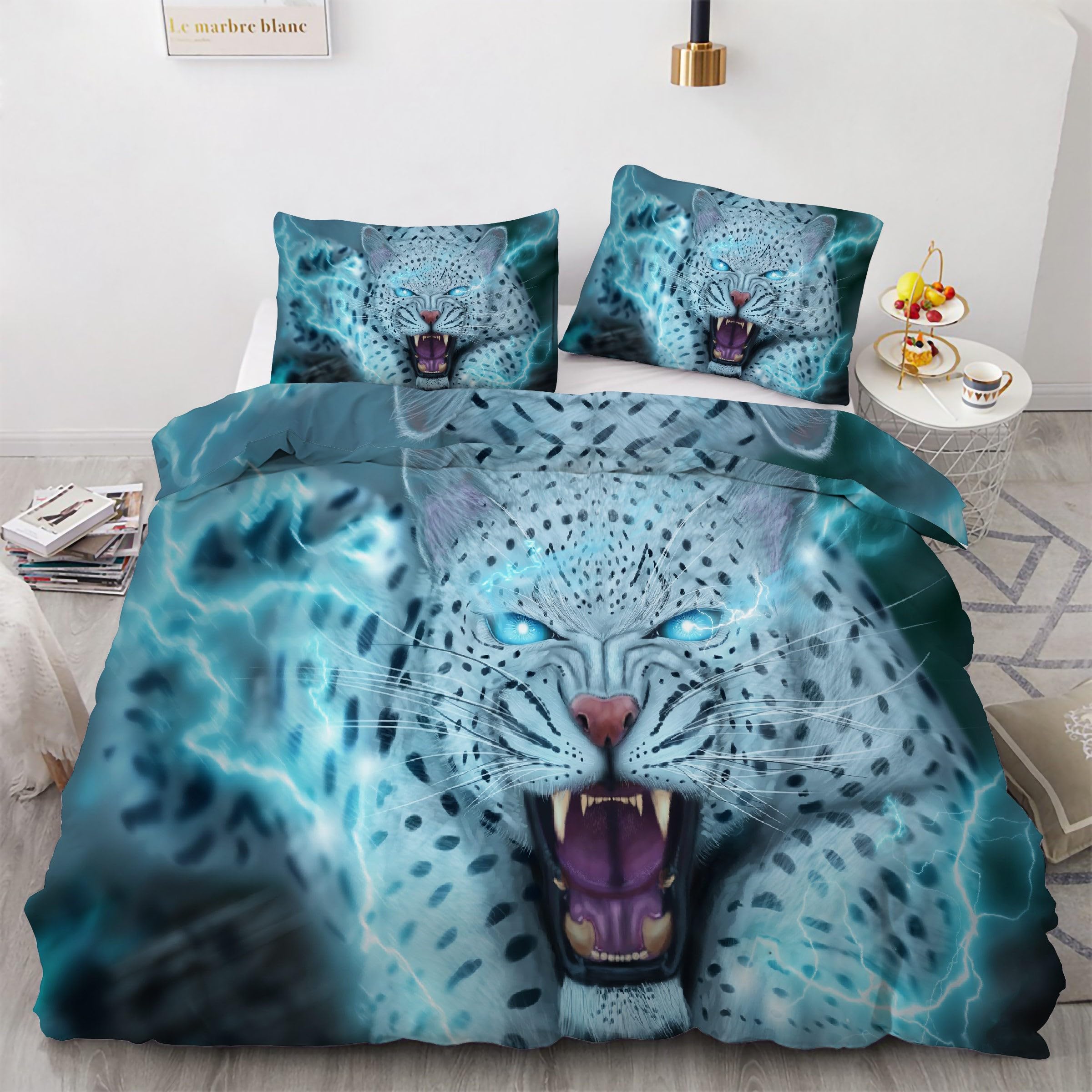 Housse de couette 160x200 éClair Bleu parure de lit léopard 3 pièces avec taies d'oreiller