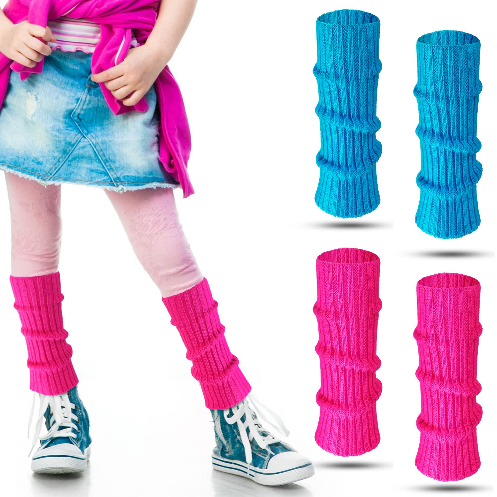 Loopeer 2 Pairs 80s Neon Leg Warmers for Girls Toddler Knit Ribbed Leg Socks for 1980s Party Cosplay