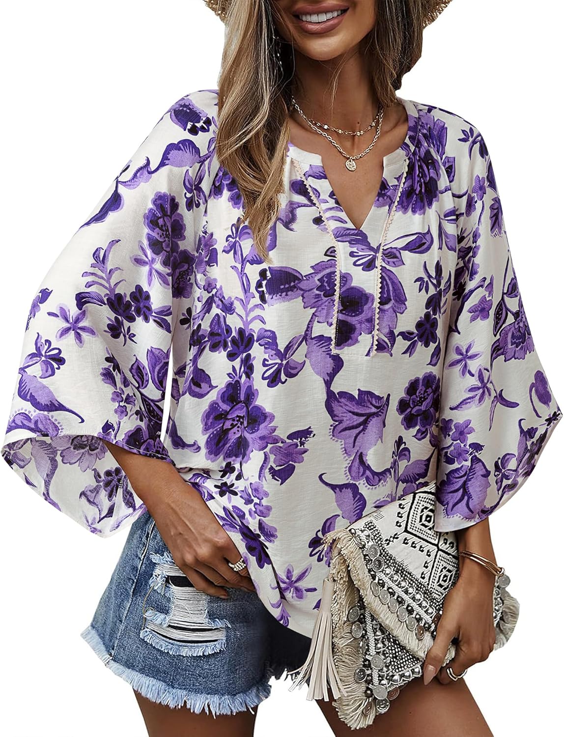 VALOLIA Womens Boho Tops 3/4 Sleeve V Neck Casual Loose Fit Blouses Shirt Bohemian Vacation Clothes - Image 2