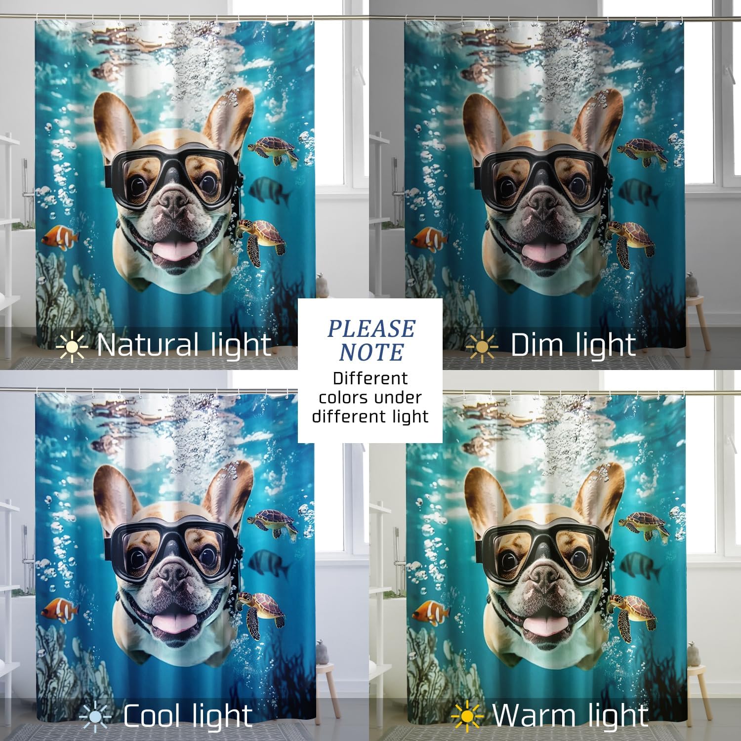 Spring French Bulldog Dog Shower Curtain Set, Funny Puppy Kids Ocean Anime Shower Curtain, Pet Bathroom Accessories, Polyester Fabric Decorative -72''x72''