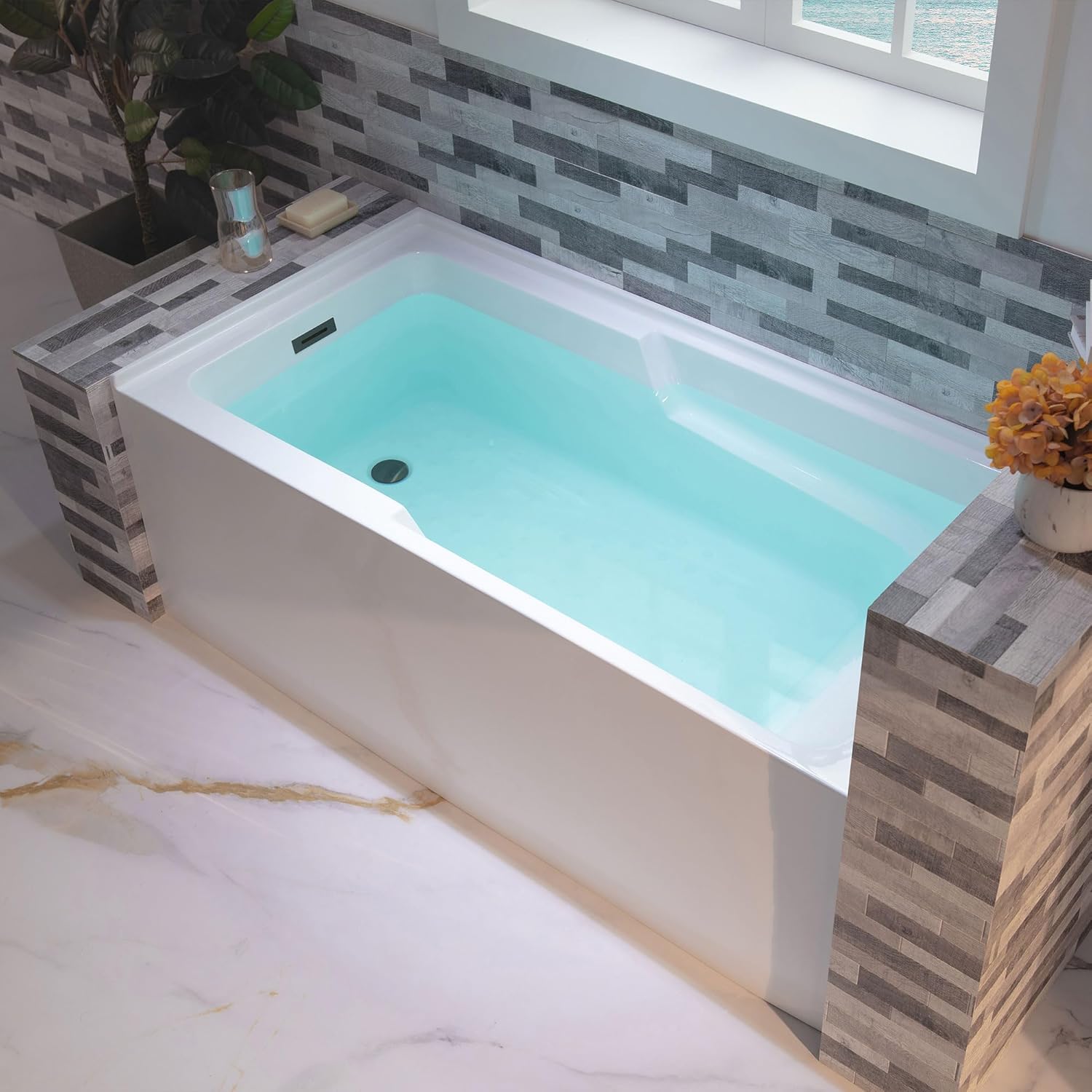 woodbridge 60" acrylic rectangular alcove soaking bathtub in white with left drain, matte black pop-up drain included ba6030l matte black 60"x30" left drain without heater