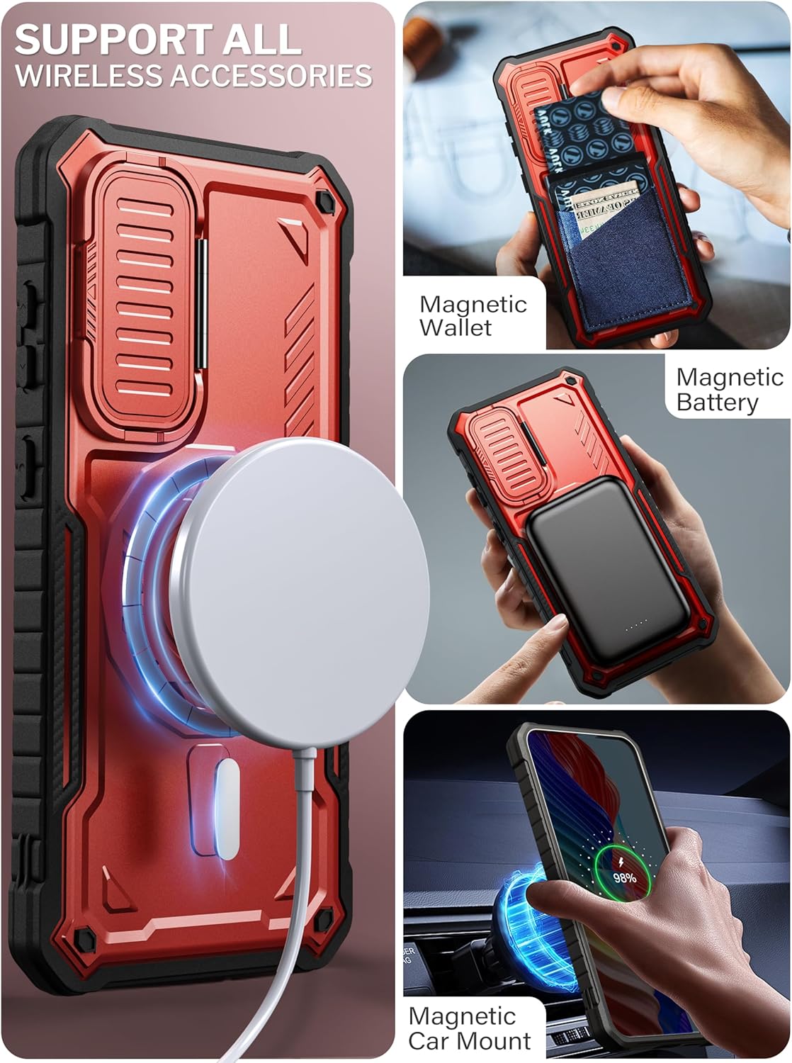ExoGuard for Samsung Galaxy S24 Case with Screen Protector, Rubber Full-Body Cover Protective Case with Camera Cover and Kickstand Function (Red)
