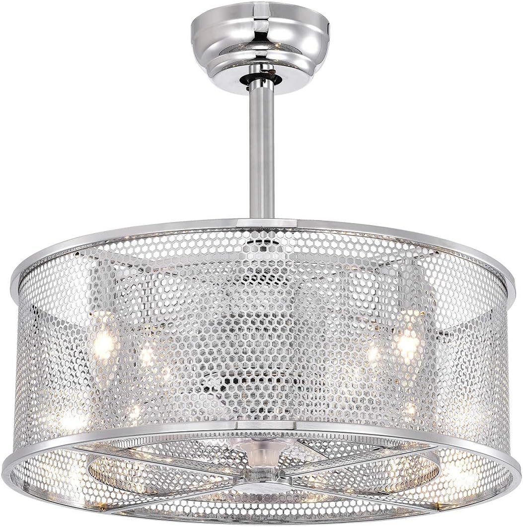 Warehouse of Tiffany CFL-8479S/CH Jeni Chrome 20-Inch 3-Blade Fandelier with Double Honeycomb Metal Drum (Includes Remote) Ceiling Fan, Silver