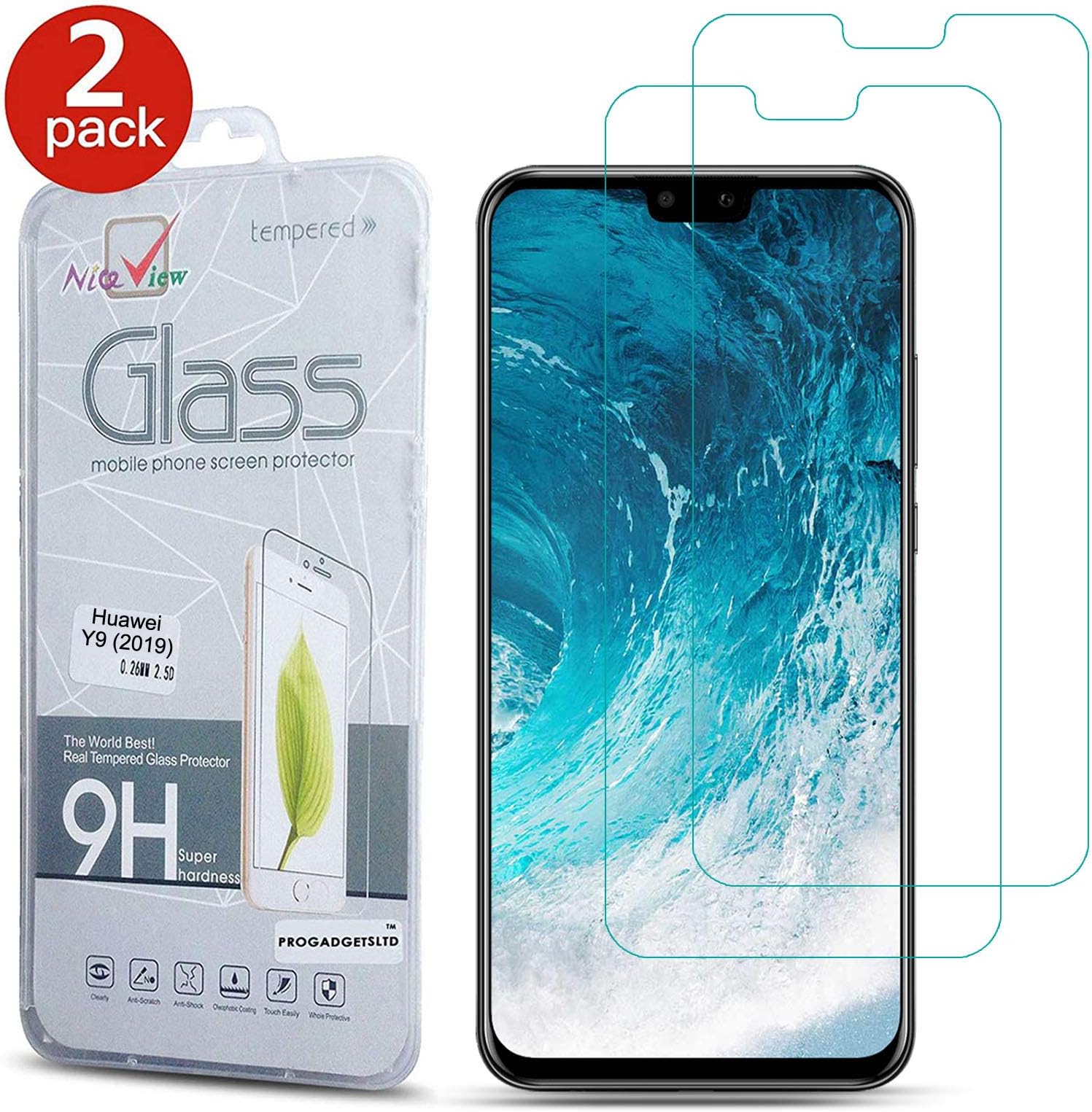 [2 Pack] Huawei Y9 2019 Screen Protector - Gorilla Tempered Glass Screen Protector Shockproof Protective LCD Film Guard Scratch-Resistant for Huawei Y9 (2019) (6.5 Inch)