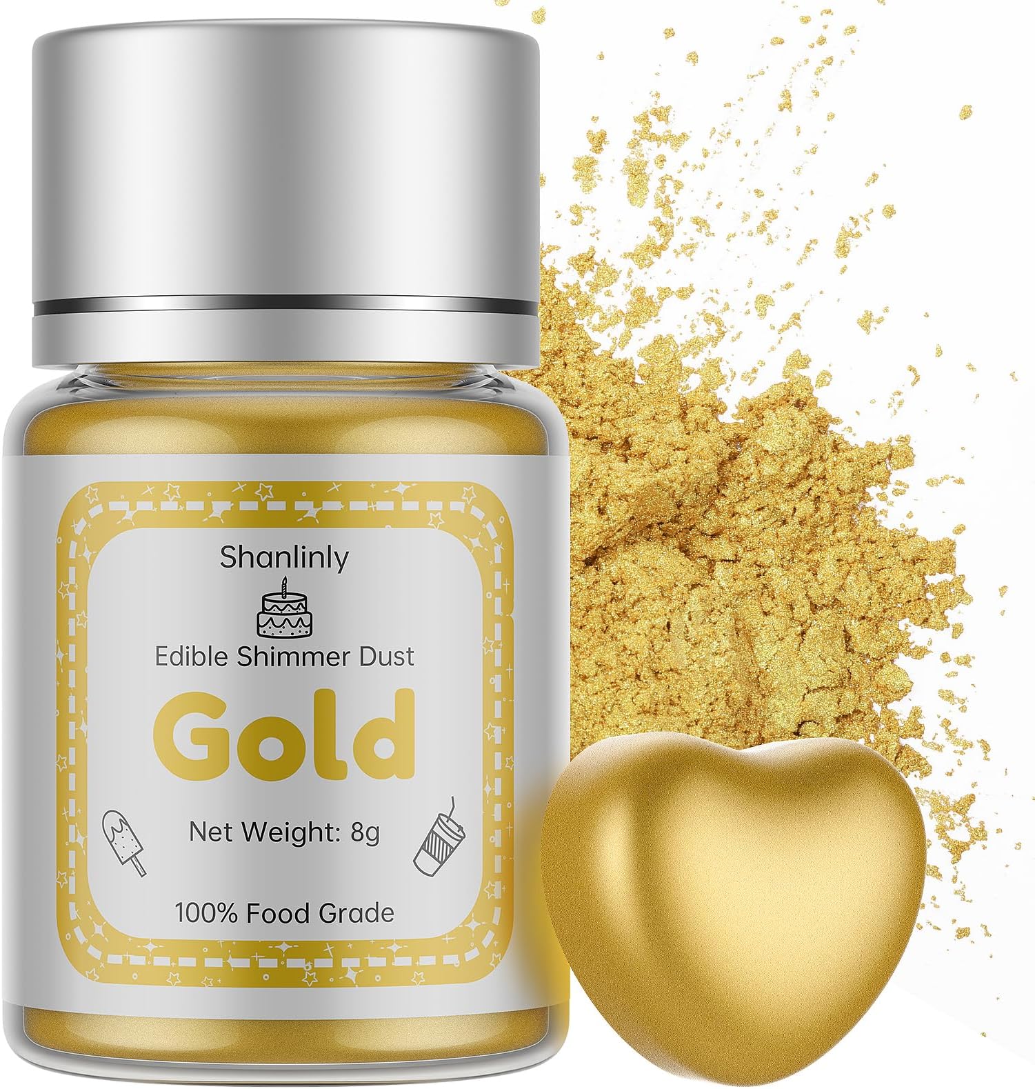 Shanlinly Gold Luster Dust Edible Shimmer - 5G Food Grade Cake For Drinks, Coloring Powder Sprinkles Decoration, Paints, Desserts, Chocolates, Kosher Vegan
