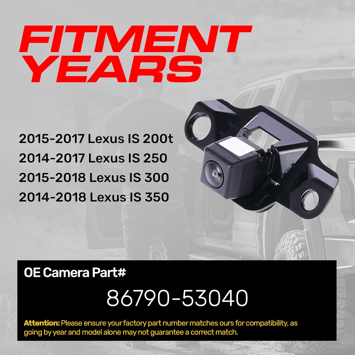Master Tailgaters Replacement for Lexus is 200t (2015-2017), is 250 (2014-2017), is 300 (2015-2018), is 350 (2014-2018) Backup Camera OE Part # 86790-53040