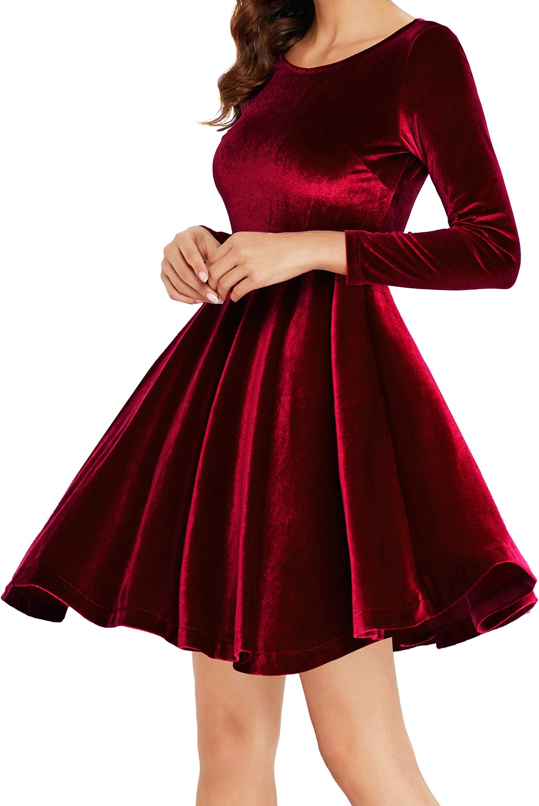 Annigo Womens Velvet Casual Short/Long Sleeve Peter Pan Collar Flare Skater Short Dress