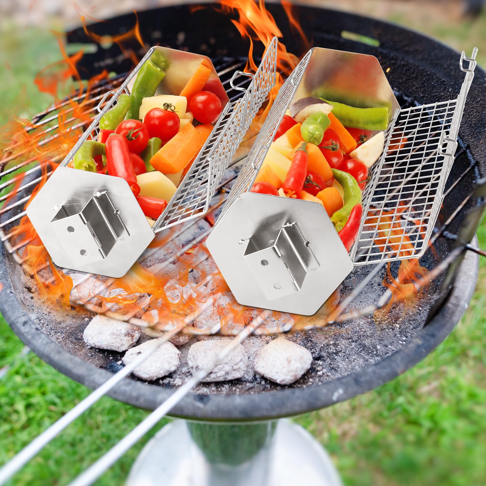 2er Set Drehbarer Sechseck Grillkorb, 304 Edelstahl BBQ Korb mit Holzgriff, Grillzubehör für Fleisch Fisch Gemüse Camping Garten