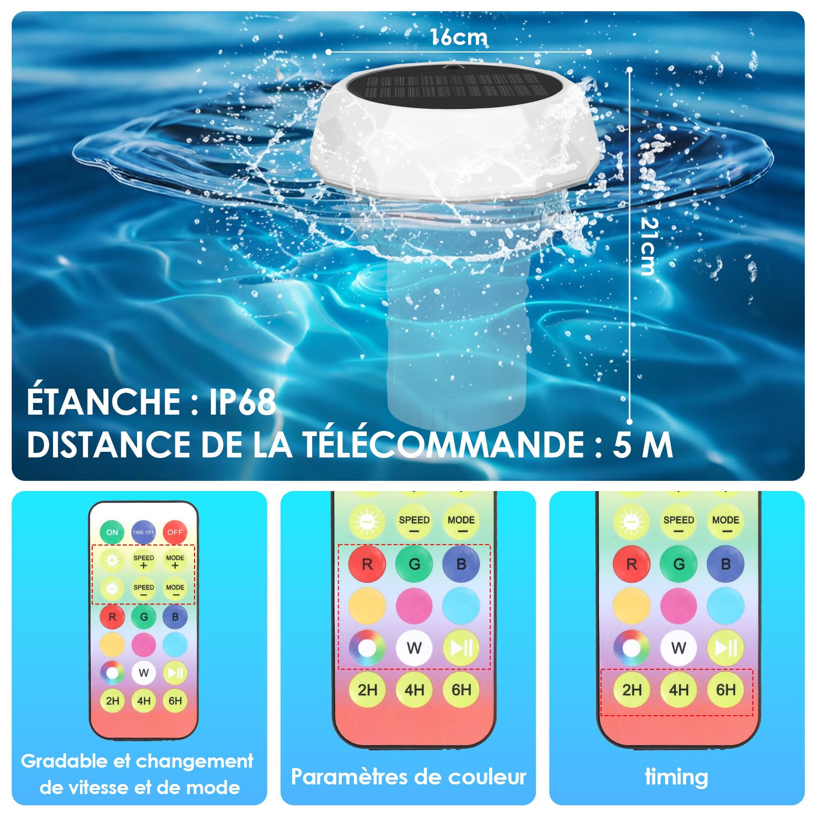 ZWOOS Diffuseur Chlore Piscine, Flotteur Chlore Piscine, Distributeur Chlore Piscine avec Doseur Flottant Extensible (Vide), Lampe Solaire Piscine Flottante avec Télécommande, Distributeur de Chlore