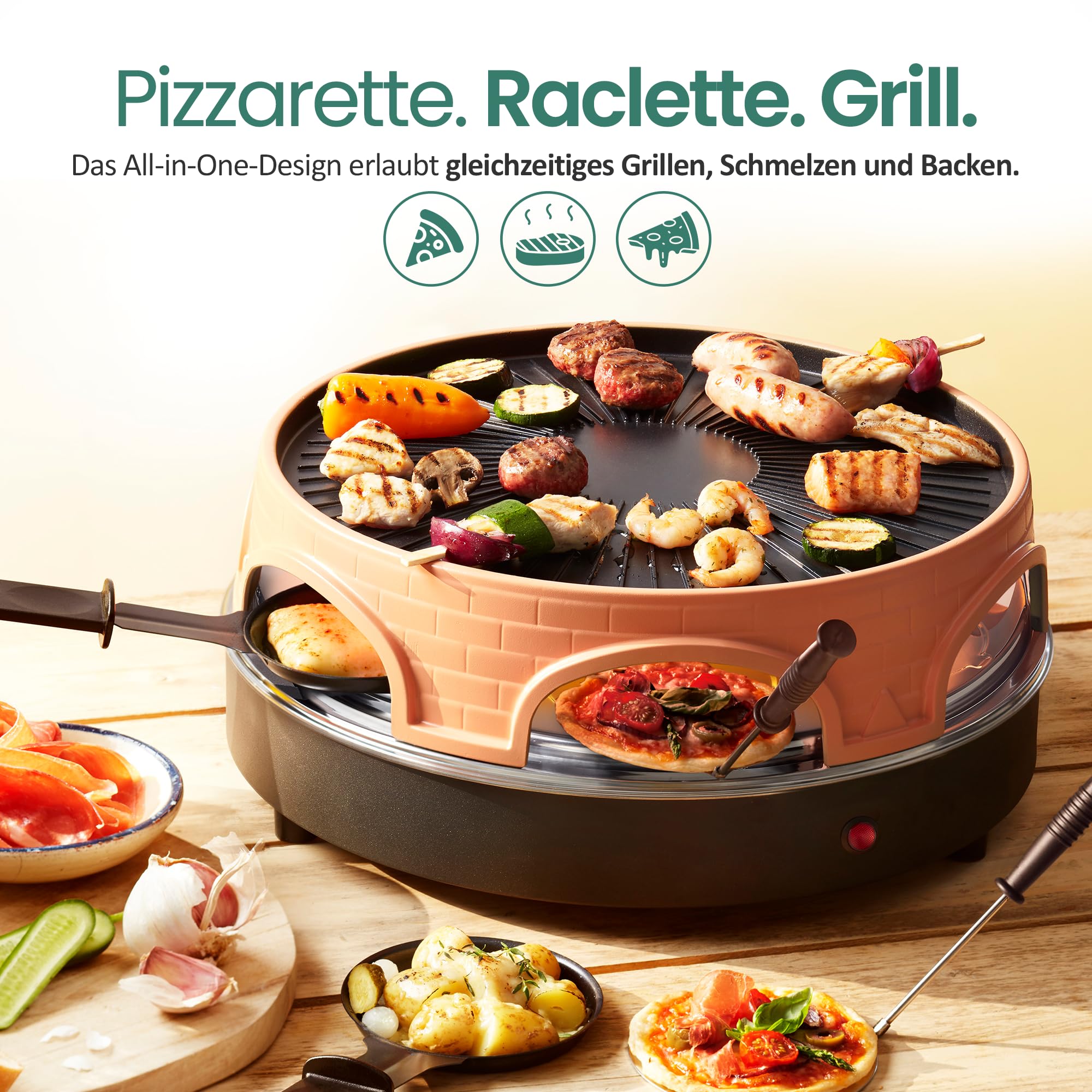 Emerio Pizzaofen, PIZZARETTE das Original, 3 in 1 Pizza-Raclette-Grill, patentiertes Design, für Mini-Pizza, echter Familien-Spaß für 6 Personen, PO-113255.4