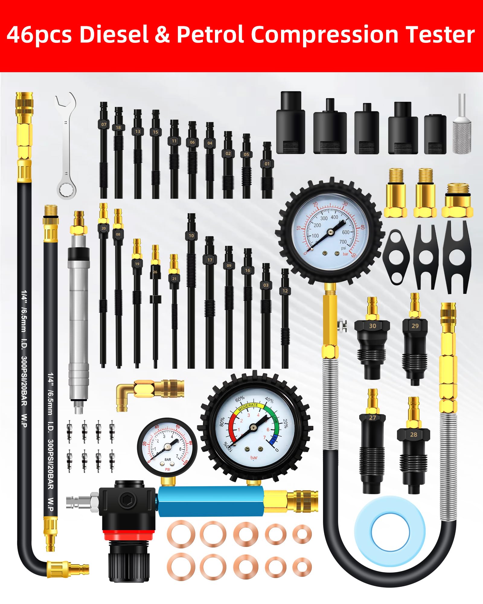 RUIZHI 46pcs Comprobador de Compresión - 0-50 bar | 0-725 psi, Comprobador de Motores para Motores Diésel y Gasolina HDi, TDCi, Automóviles, Camiones, M8, M10, M12, M14, M20, M22, M24