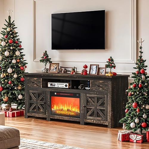 DWVO TV Stand with Fireplace for 75 Inch TVs, Entertainment Center with Power Outlet, Electric Fireplace TV Stands for Living Room, TV Console with Storage Drawers & Cabinets (Dark Rustic Oak)