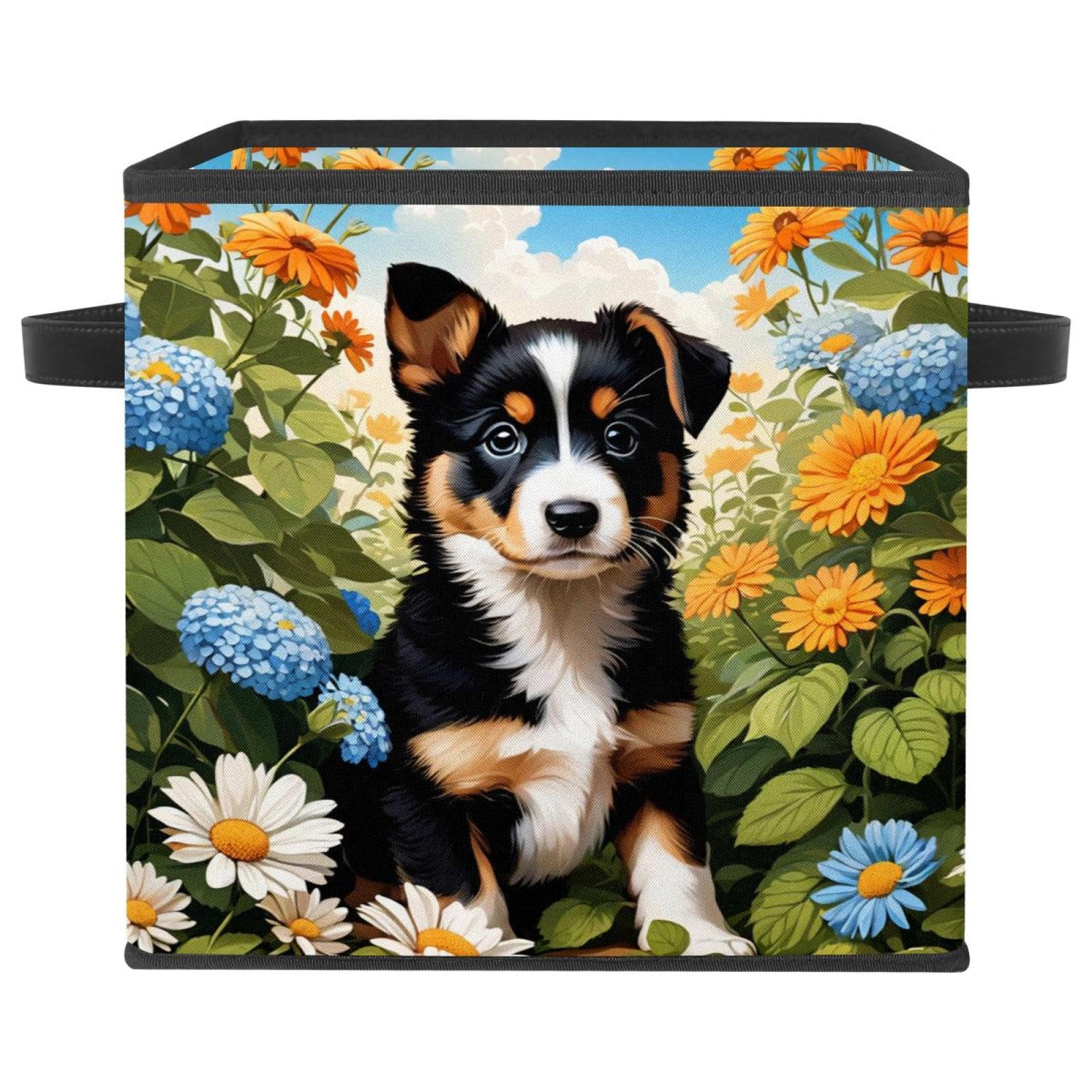 Panier de rangement durable chien et fleur, bac de stockage textile maison
